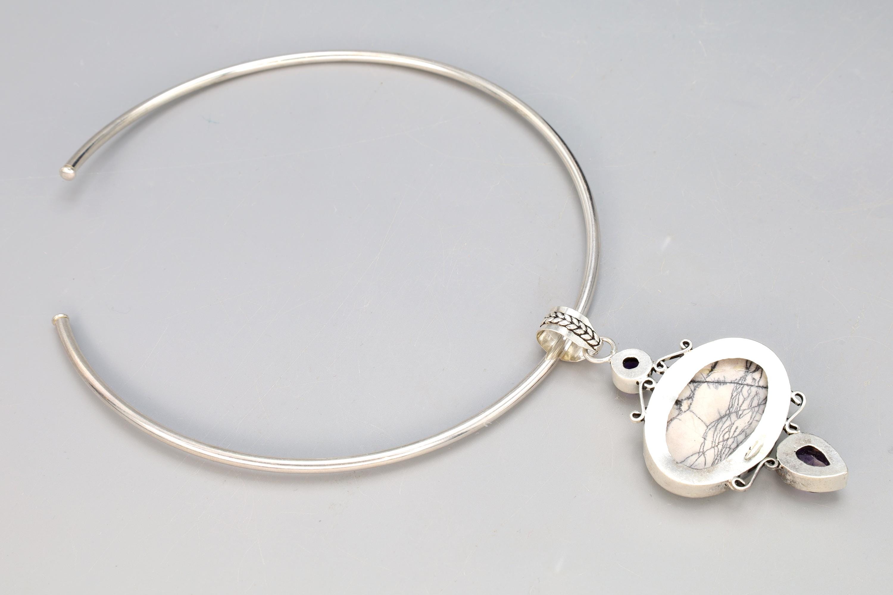 Vintage Collar Torc Necklace With A Multistone Pendant, 925 Sterling Silver, Faceted Amethyst Cabochons, White Jasper Howlite