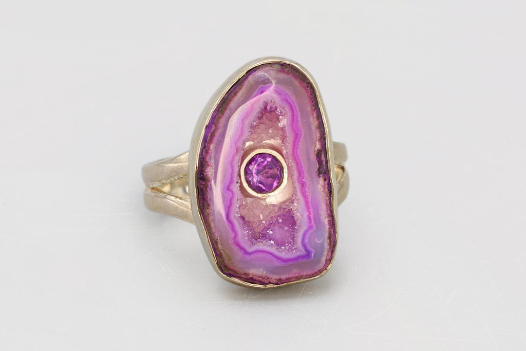 Ring For Woman Size 8.75, Sterling Silver With Lavender Drusy Quartz And A Faceted Amethyst, Avant Garde Modern Jewelry