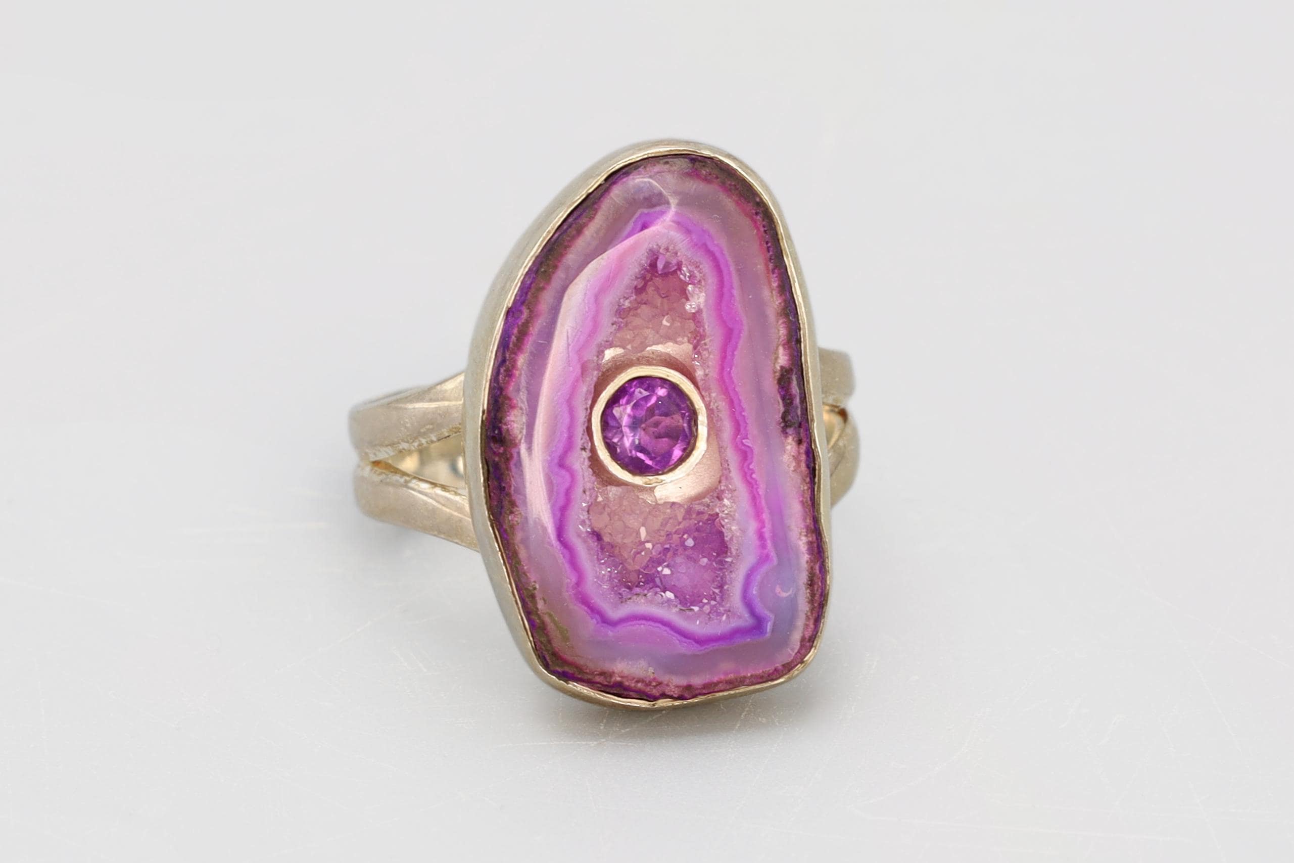 Ring For Woman Size 8.75, Sterling Silver With Lavender Drusy Quartz And A Faceted Amethyst, Avant Garde Modern Jewelry