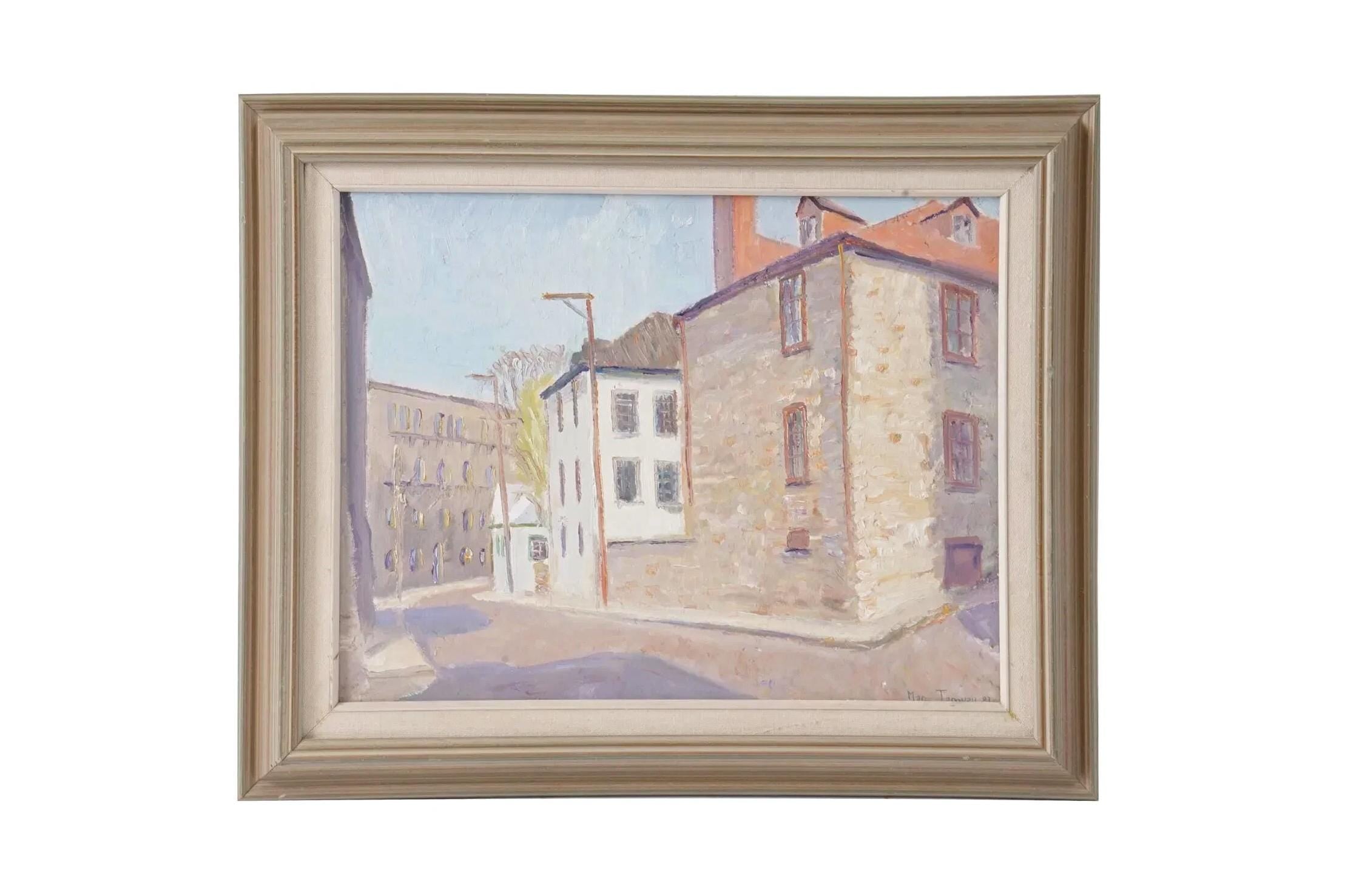 Vintage 1983 Art Painting Signed By Marc Tanguay. Oil On Board Depicting Vitry Sur Seine, Paris City Street, Architecture