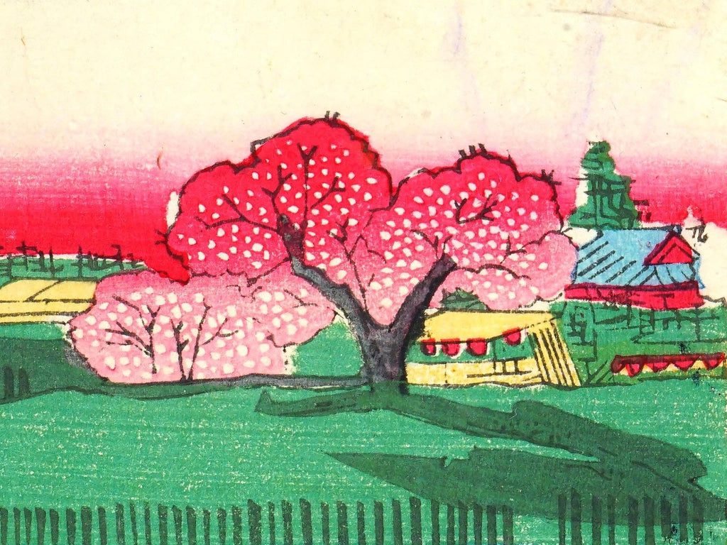 Japan 1879 Meiji Era Woodblock Print By Chikashige Morikawa, Noble Ladies On A Boat And Cherry Blossoms, Triptych Panels Set, Asian Arts