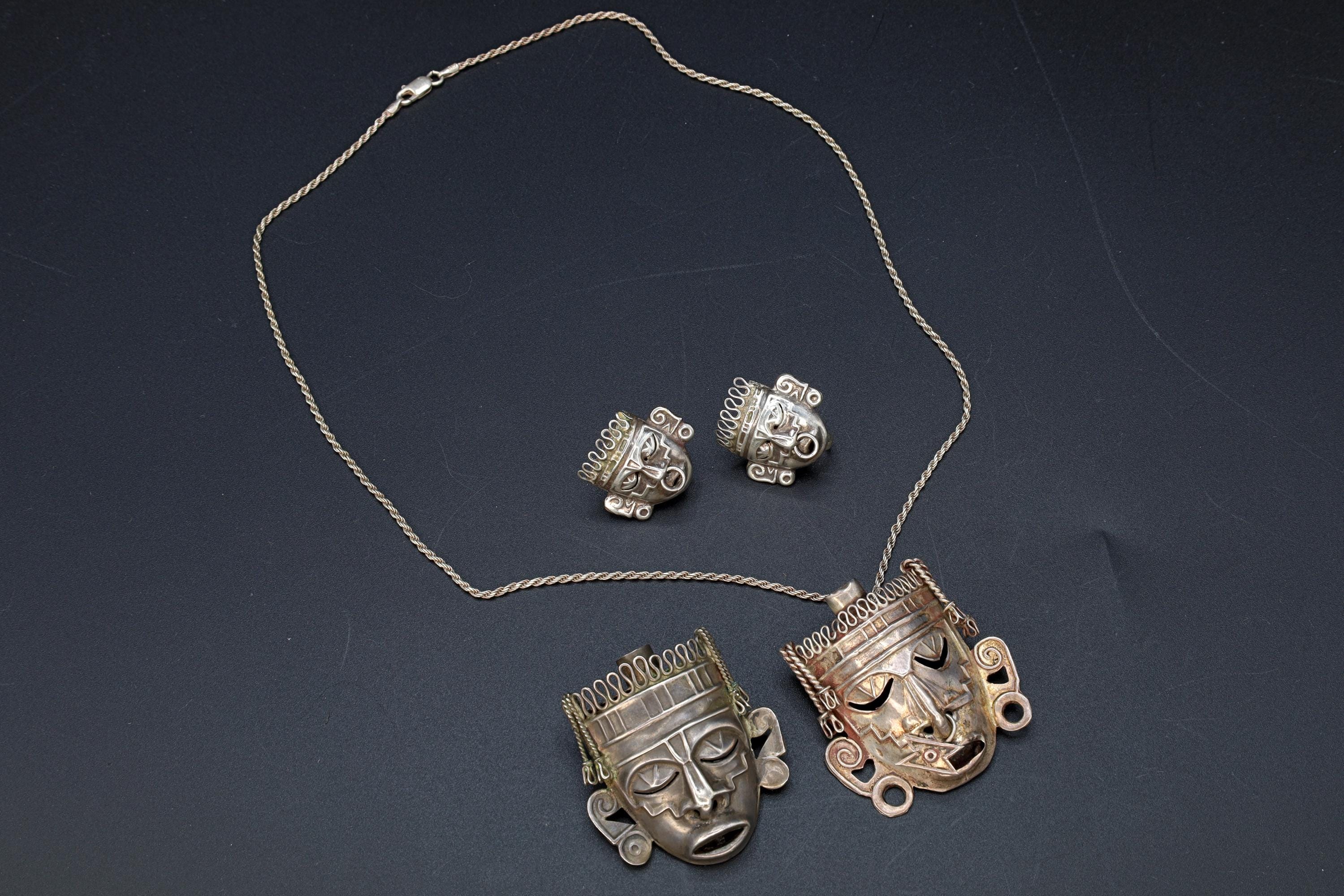 Taxco Mexico Jewelry Set, Pendant Necklace, Brooch, Matching Earrings, Warrior Aztec Mask In Art Deco Style, Vintage 1940s Sterling Silver