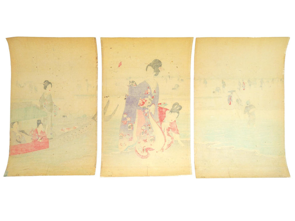 Clam Digging, Antique 1897 Triptych Of Ukiyo-e Color Woodblock Print By Chikanobu Yoshu, East Asia Oriental Art Print Collectibles