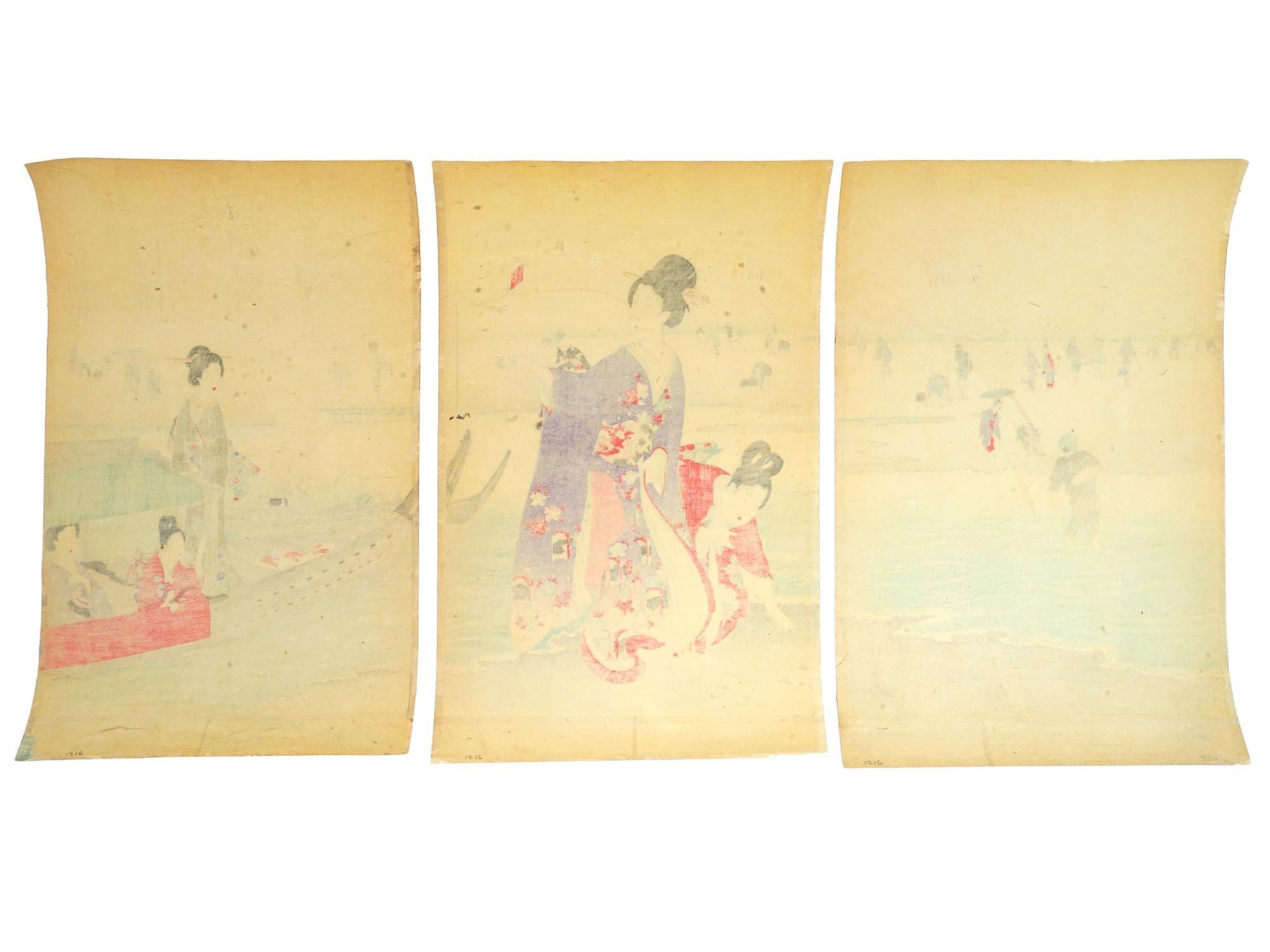 Clam Digging, Antique 1897 Triptych Of Ukiyo-e Color Woodblock Print By Chikanobu Yoshu, East Asia Oriental Art Print Collectibles