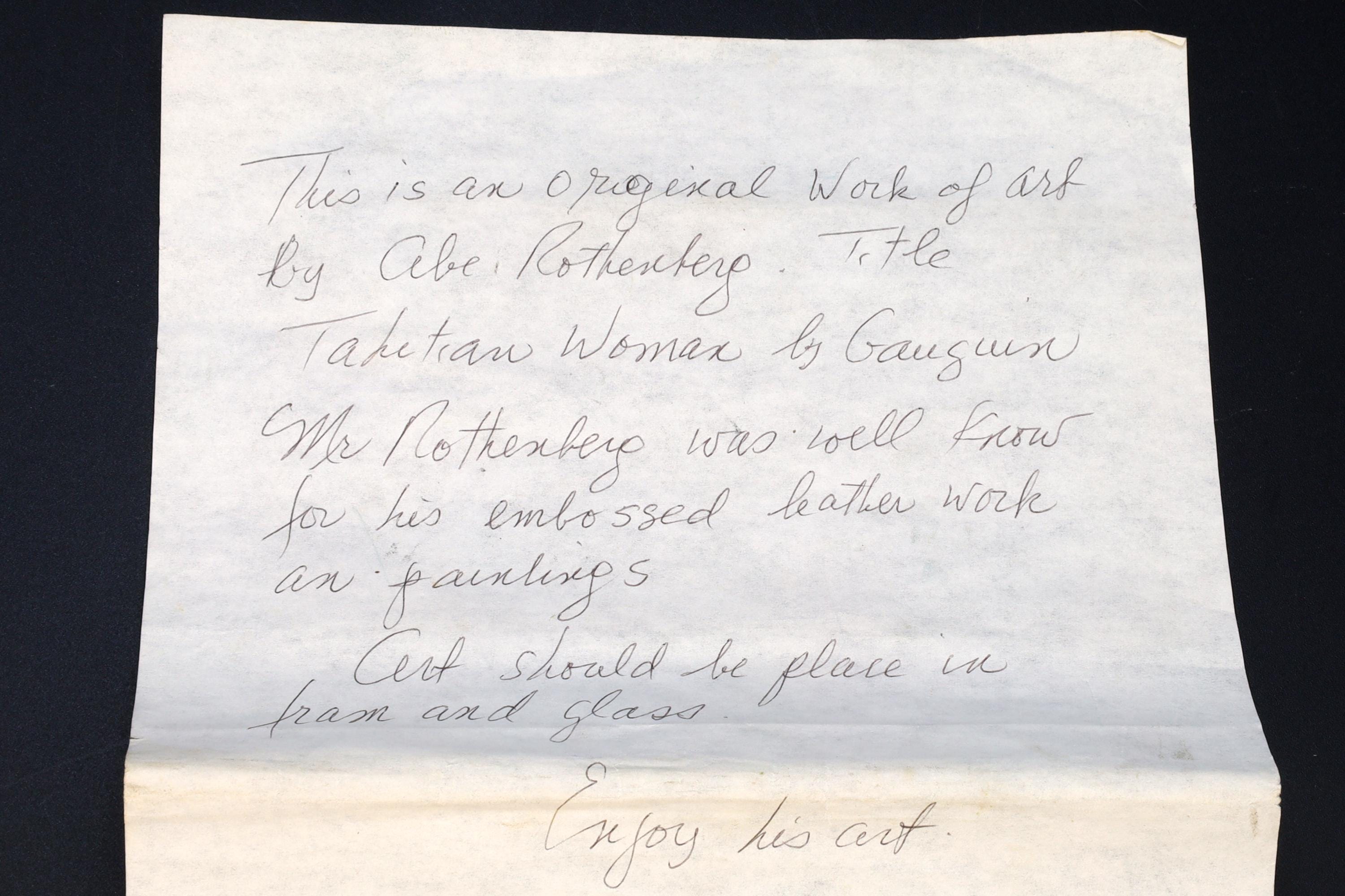 Tahitian Woman in Gauguin, 1980 Artwork By Abe Rothenberg With Explanatory Letter. Embossed Leather, Hand Signed By The Artist