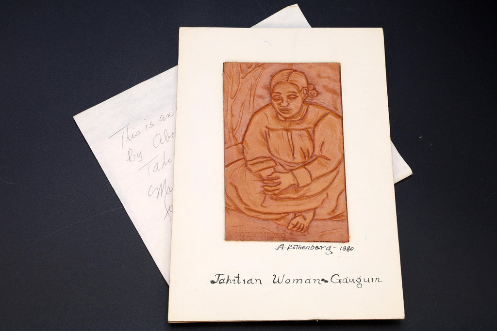 Tahitian Woman in Gauguin, 1980 Artwork By Abe Rothenberg With Explanatory Letter. Embossed Leather, Hand Signed By The Artist