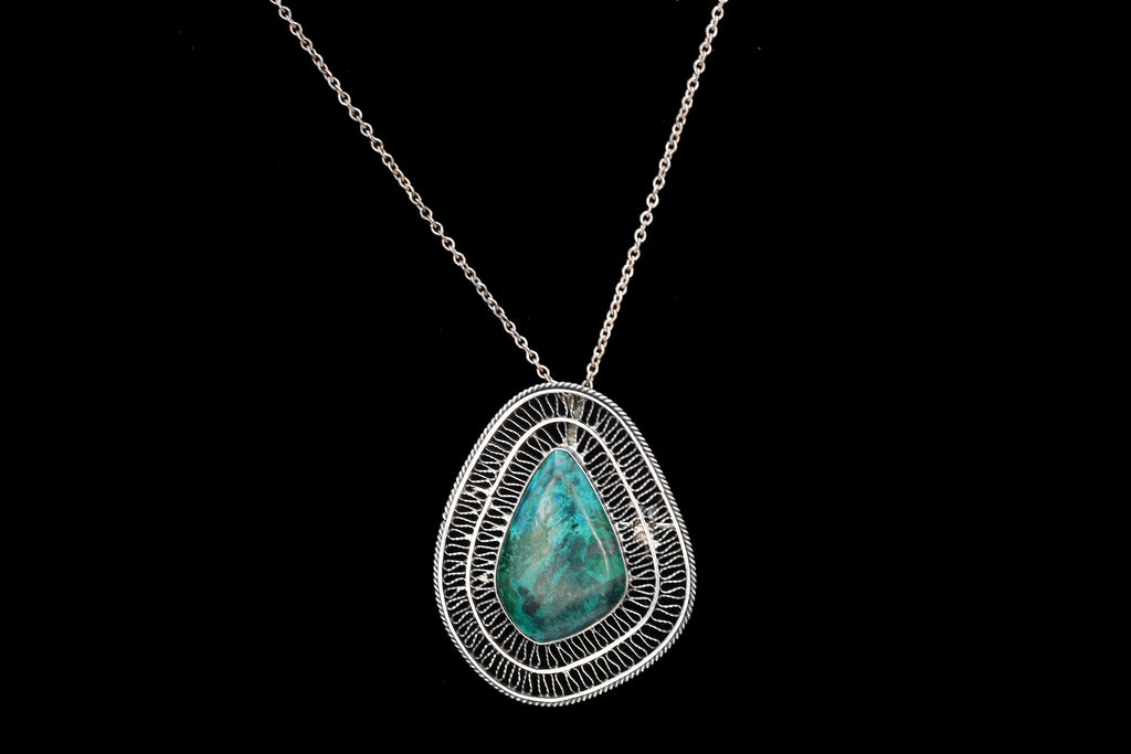 Vintage 1950s Israel Jewelry, 925 Sterling Silver And  Eilat Stone Pendant Necklace, Cannetille Wirework, Middle East Fashion Accessories