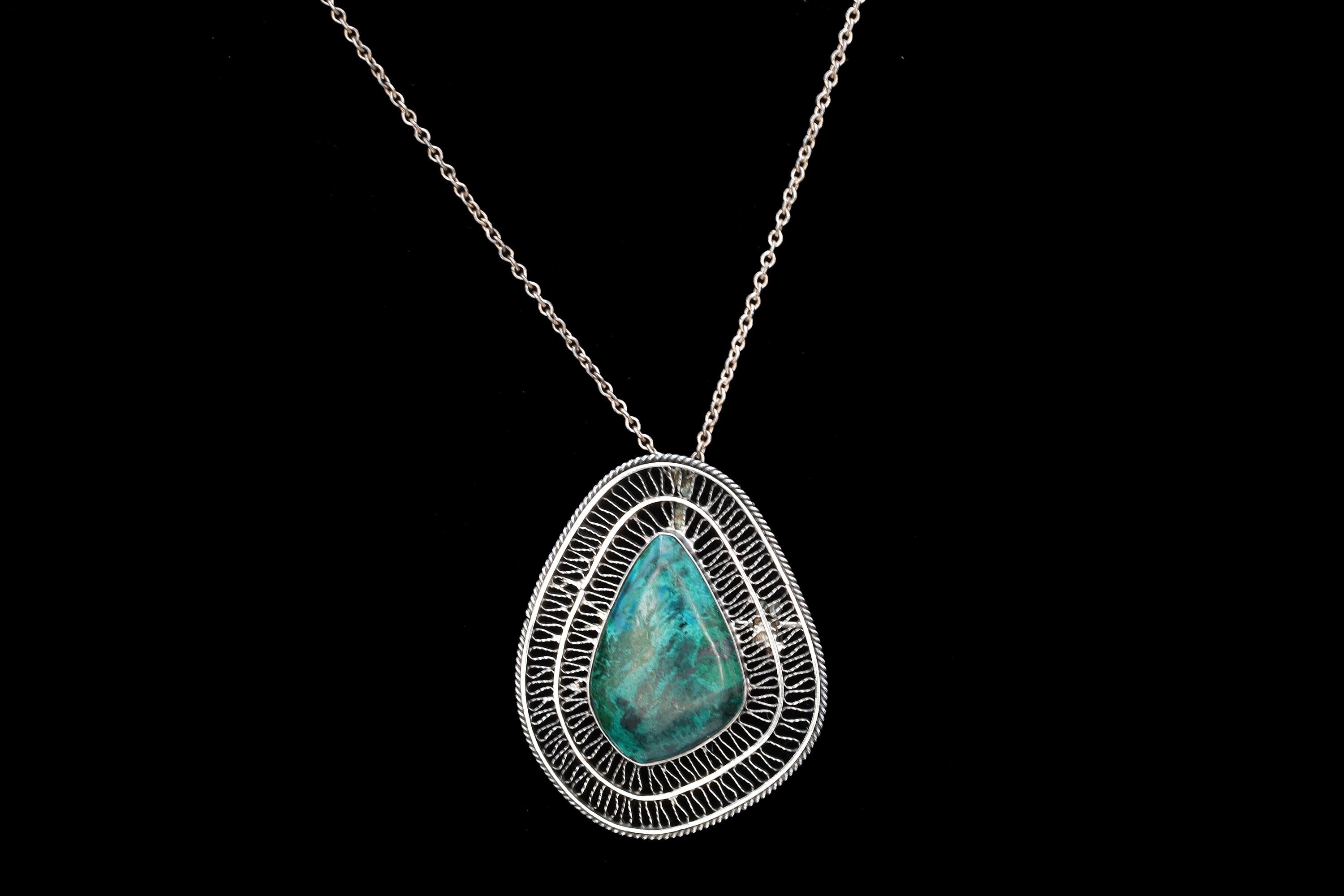 Vintage 1950s Israel Jewelry, 925 Sterling Silver And  Eilat Stone Pendant Necklace, Cannetille Wirework, Middle East Fashion Accessories