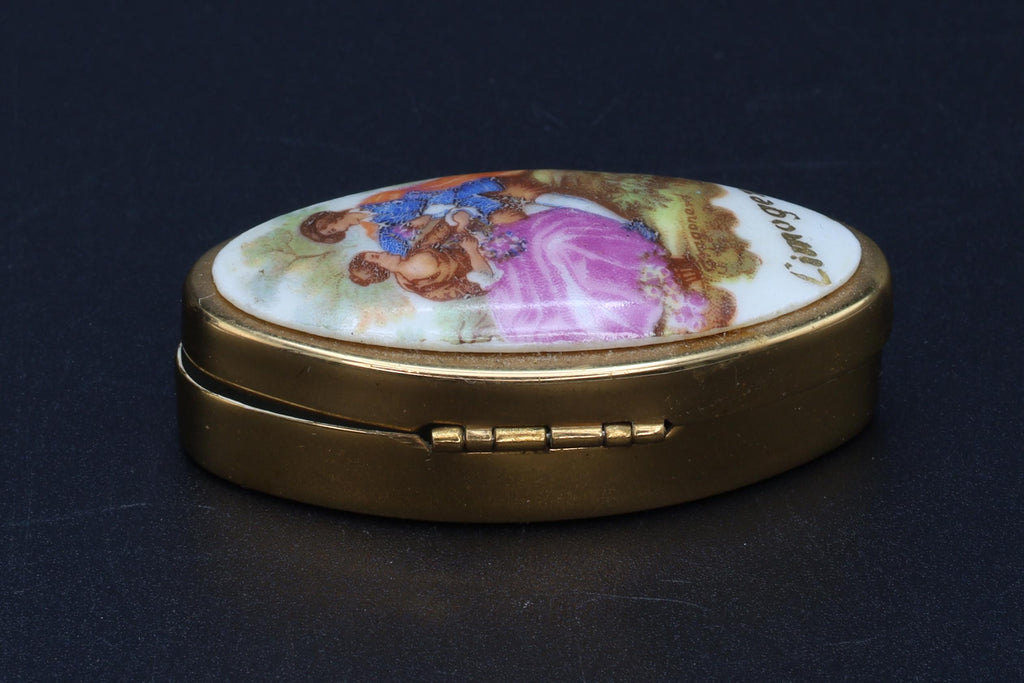 Limoges France, Small Oval Shaped Pill Box, Hand Painted Porcelain And Brass, Mid Century Box In A Rococo Art Style