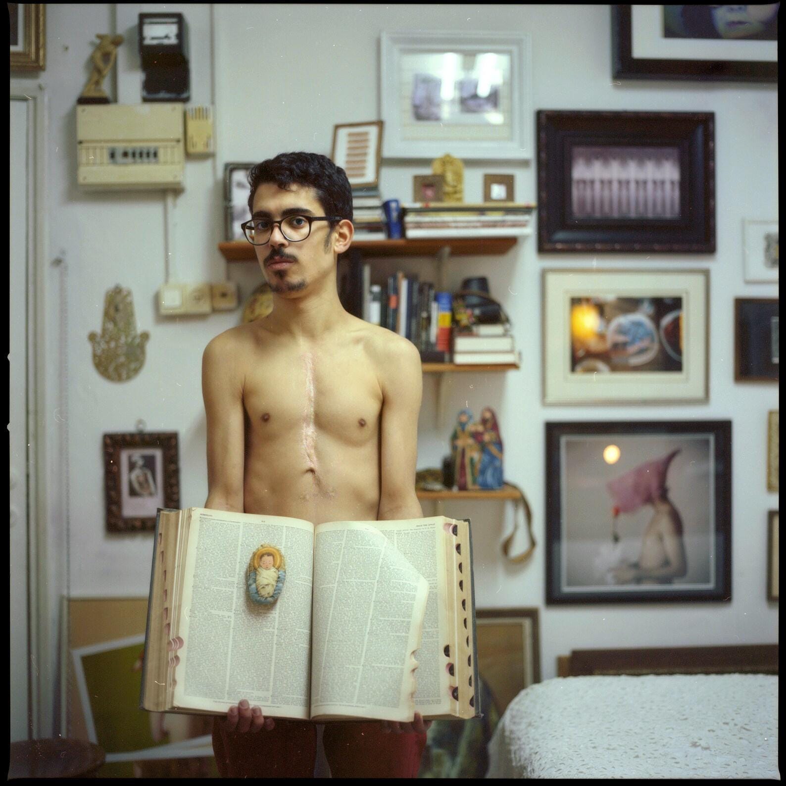 Written Stories About The Holy Land, Contemporary Middle East Artwork, Conceptual Hasselblad Photography Art, Portrait of Young Israeli Man
