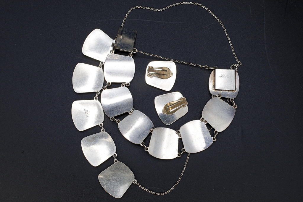 Karl Rasmussen Norway, Vintage Modernist Jewelry Set, White Enamel And 925 Sterling Silver Panel Links, Norway Scandinavian Fashion