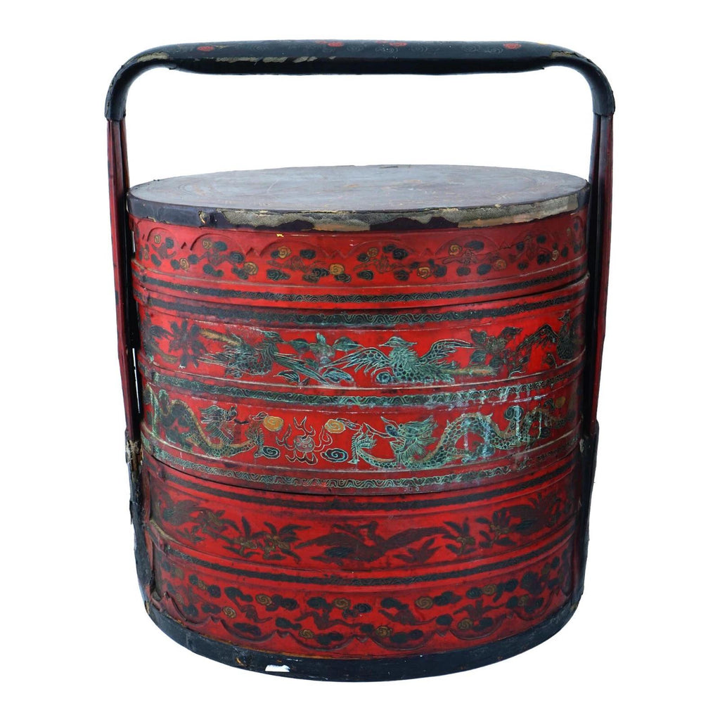 Antique Late 1800s Qing Dynasty Chinese Rice Bucket, Wooden Picnic Red Basket, Wedding Gifts, Hamper With Top Lid, Dry Food Nuts Container