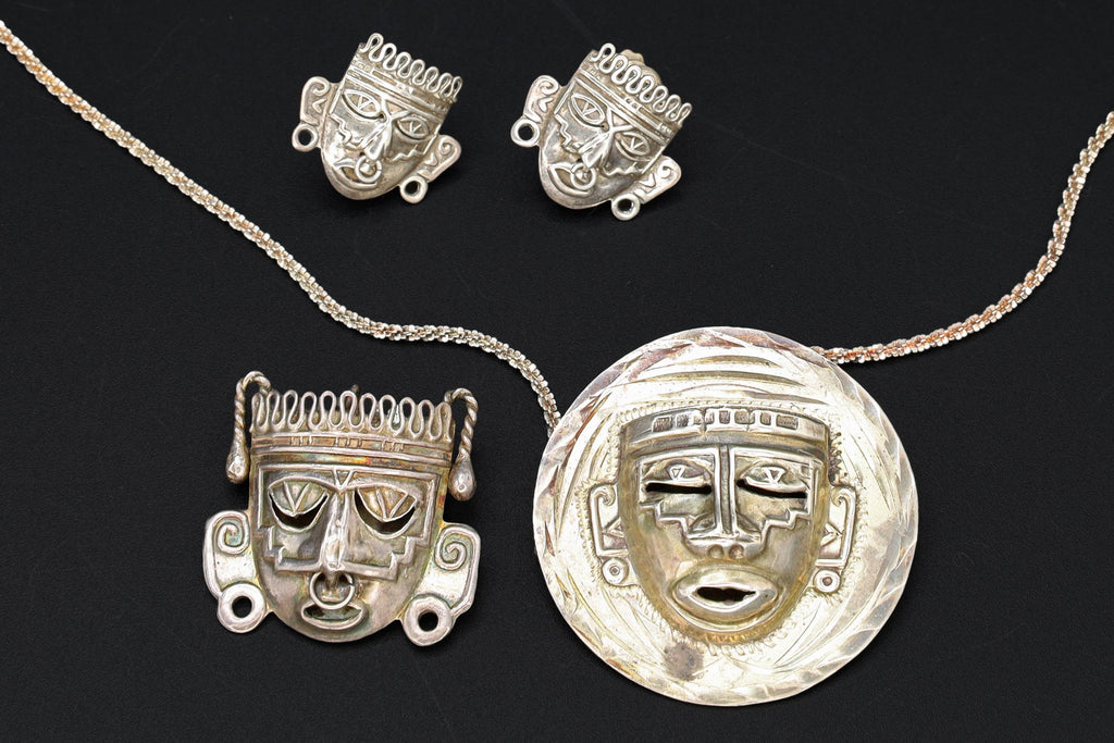Taxco Mexico Jewelry Set, Pendant Necklace, Brooch, Matching Earrings, Warrior Aztec Mask In Art Deco Style, Vintage 1940s Sterling Silver