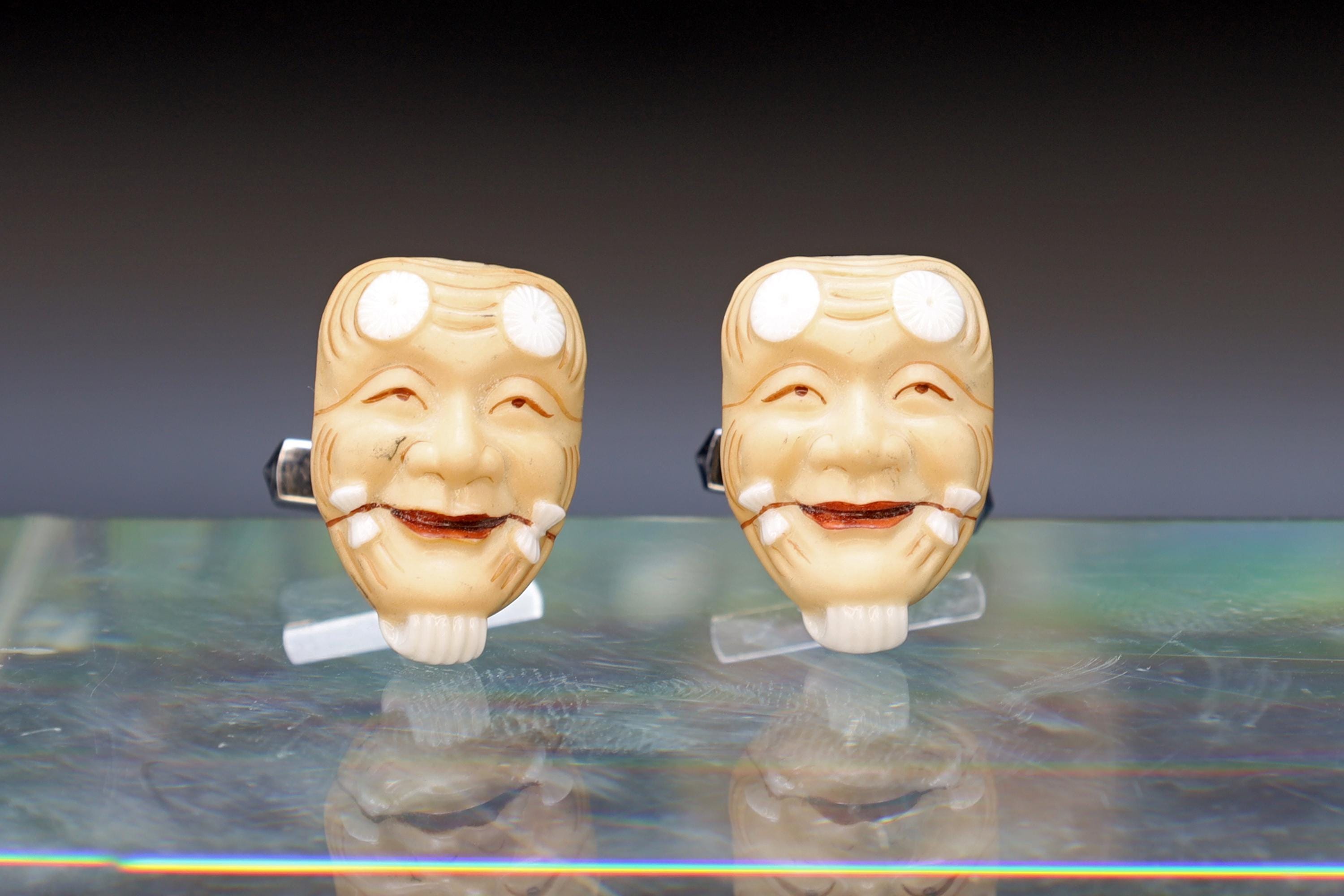 Toshikane Cufflinks, Molded And Painted Porcelain, Okina Noh Theatre From Japan Hakushiki-jo Mask, Happy Old White Man, Fashion Accessories