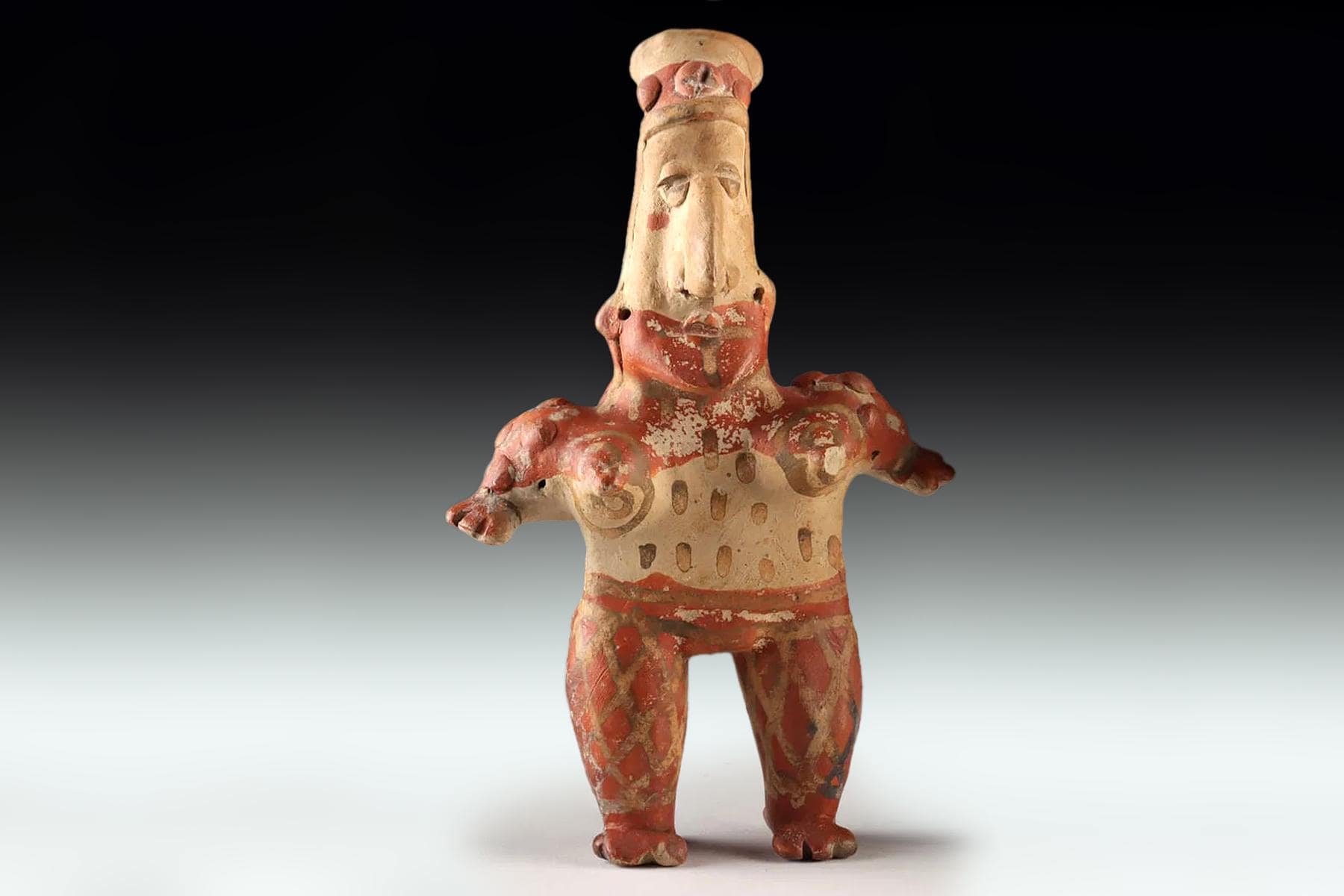 Ancient Pre Columbian Jalisco Pottery Female Standing Figure With Long Head, Dated As Between 300 BCE to 300 AD, Mexican Mesoamerica Art