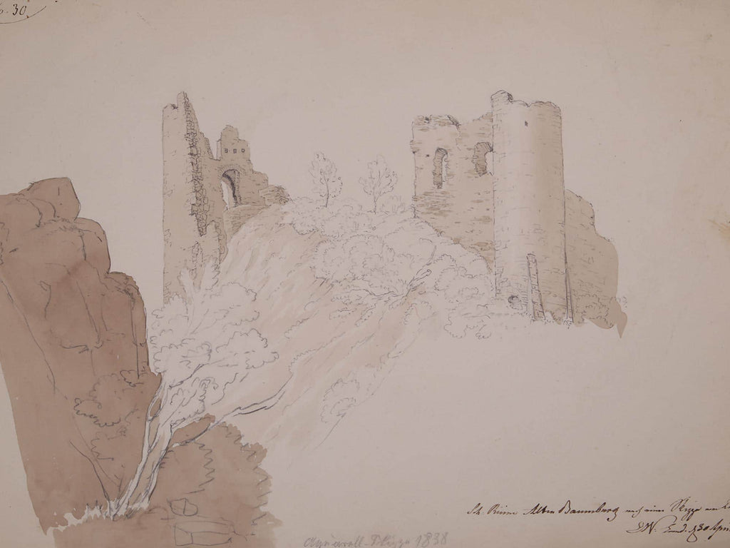 Antique 1800s Baumberg Castle Ruins Mixed Media Art Pencil, Ink Wash And Watercolor Painting On Paper Attributed To Friedrich Eisenlohr