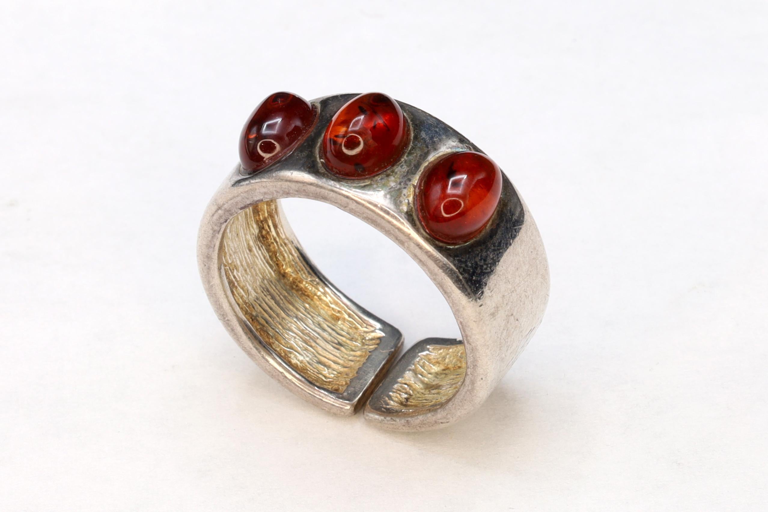 Baltic Amber And 925 Sterling Silver Ring, A Modernist Band Ring Size 8 With 3 Amber Cabochons And Hallmark, Breslau Wroclaw Poland Jewelry,