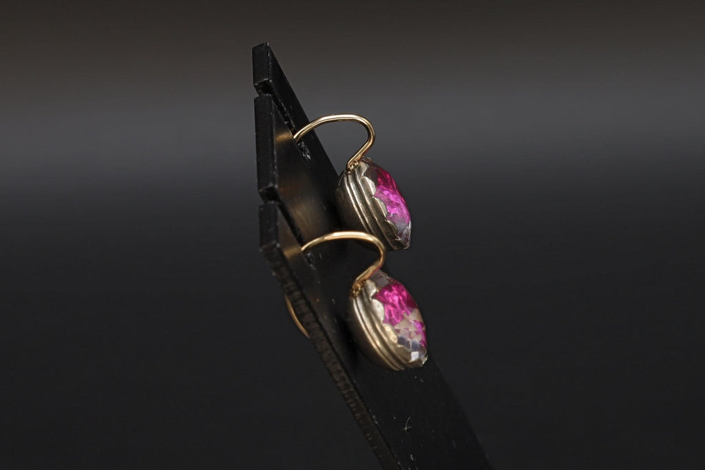 Georgian England Jewelry, Antique 1800s To 1820s Georgian Amethyst Paste Earrings On Fine Sterling Settings And 18kt Gold Wires