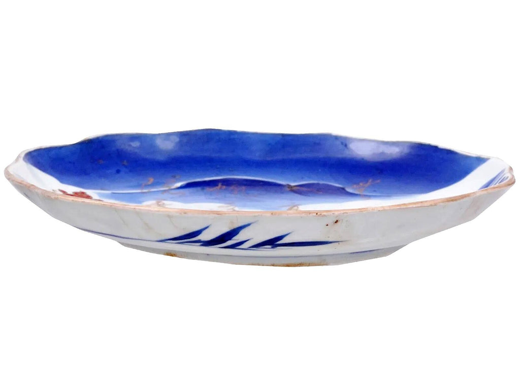 Antique 19th Century Meiji Japan Bowl, An Imari Arita Plate With Calligraphy And Nautical Theme, Porcelain, Blue And White