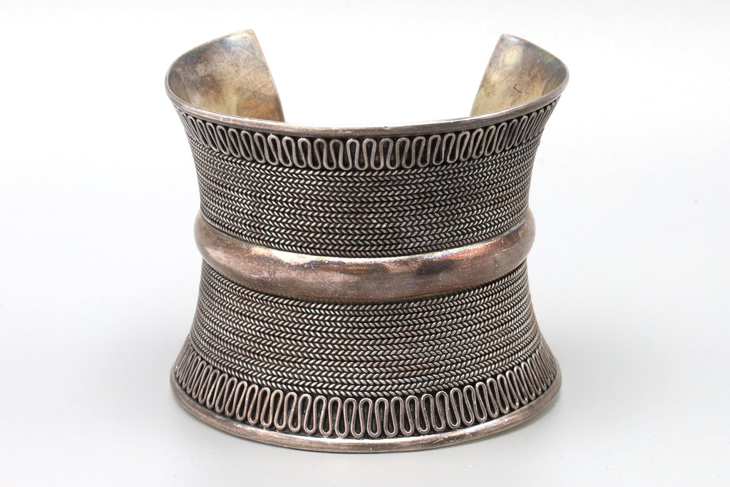 BA 925 Sterling Silver Cuff Bracelet With Tribal Geometric Art, Ethnic Jewelry ANd Fashion Accessories, Unisex Bangle