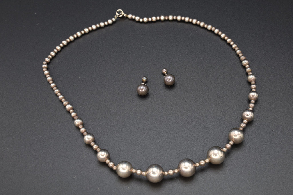 Mid Century Graduated Ball Beads Jewelry Set, Beaded Saturn Necklace And Stud Earrings, 925 Sterling Silver, Retro Fashion Accessories