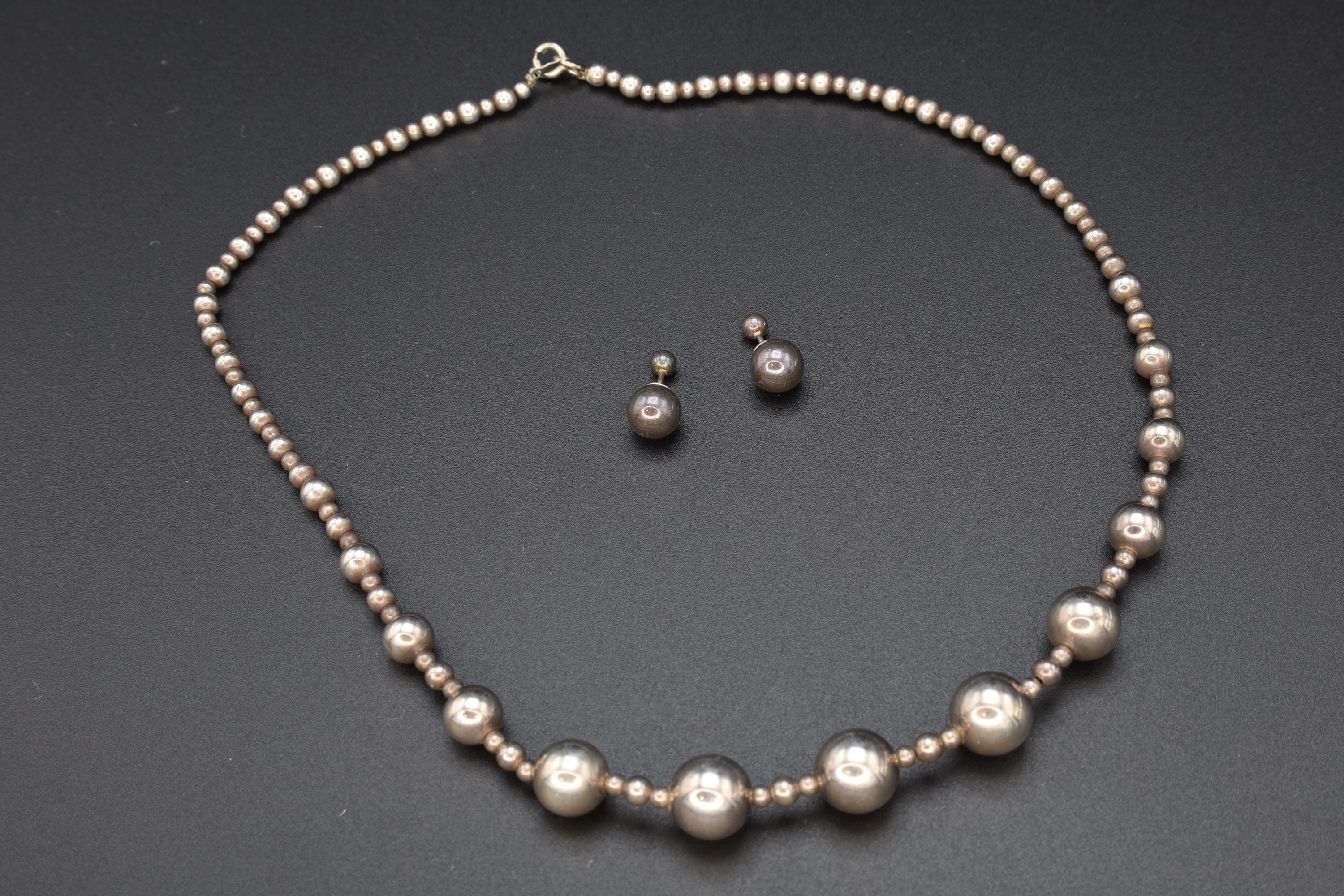 Mid Century Graduated Ball Beads Jewelry Set, Beaded Saturn Necklace And Stud Earrings, 925 Sterling Silver, Retro Fashion Accessories