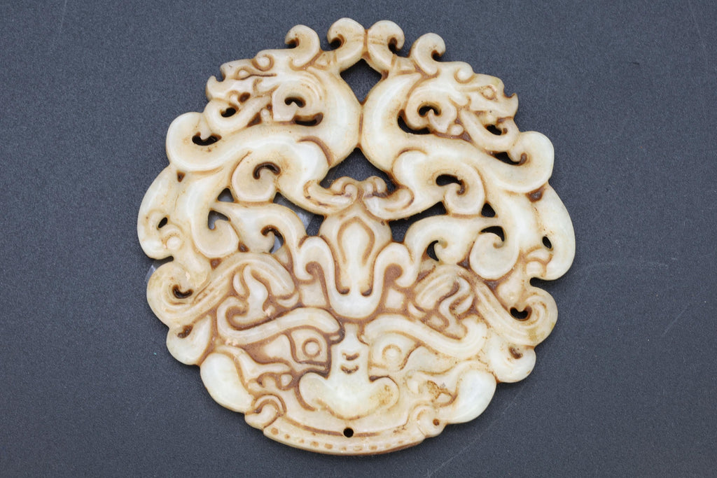 Chinese Round Amulet, Carved Stone Taotie Face Mythological Animals, Round Pendant Two Sided Dragons, Feng Shui, Oriental Asian Accessories