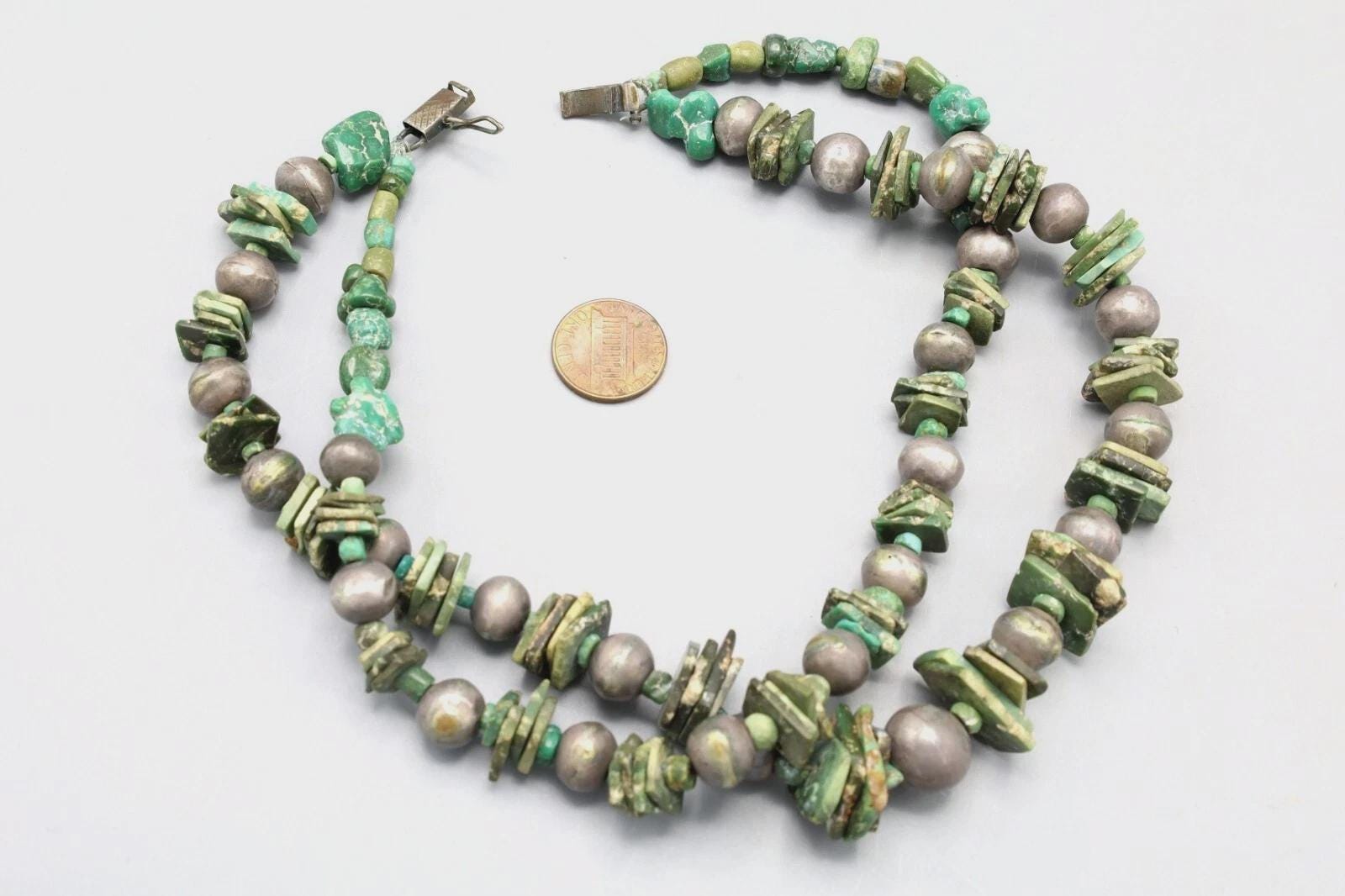 Ancient Pre-Columbian Gemstone Beads Collection, 14th Century AD Inca Aymara Beaded Necklace In Two Strands With Sterling Spacers