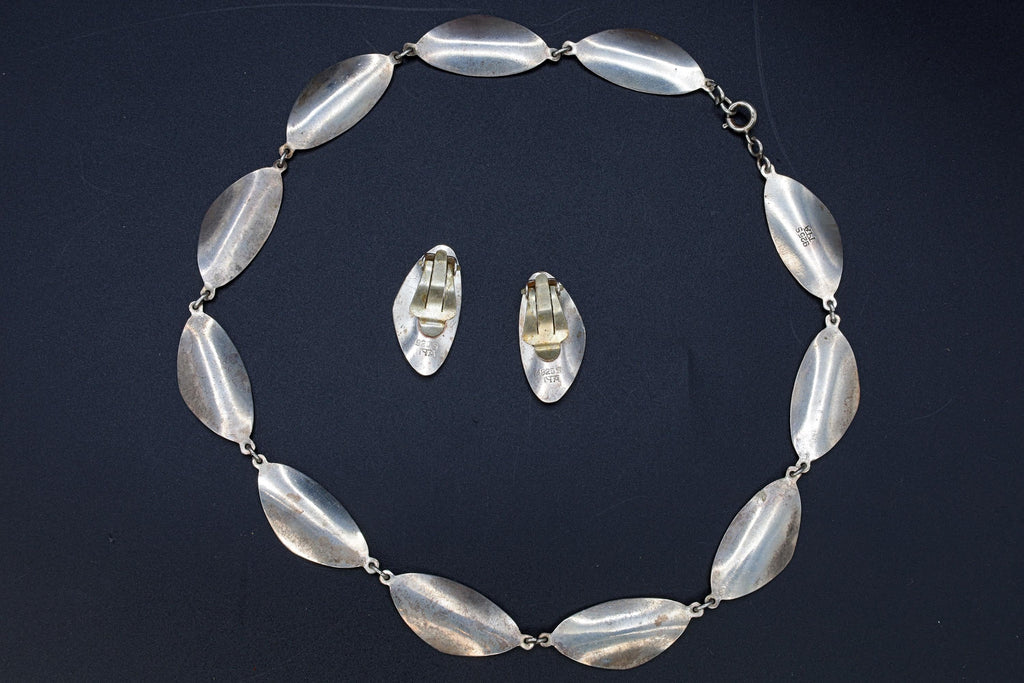 Andresen Scheinpflug, Vintage Modernist Jewelry Set, White Enamel And 925 Sterling Silver, Oval Ear Panel Links, Norway Scandinavian Fashion