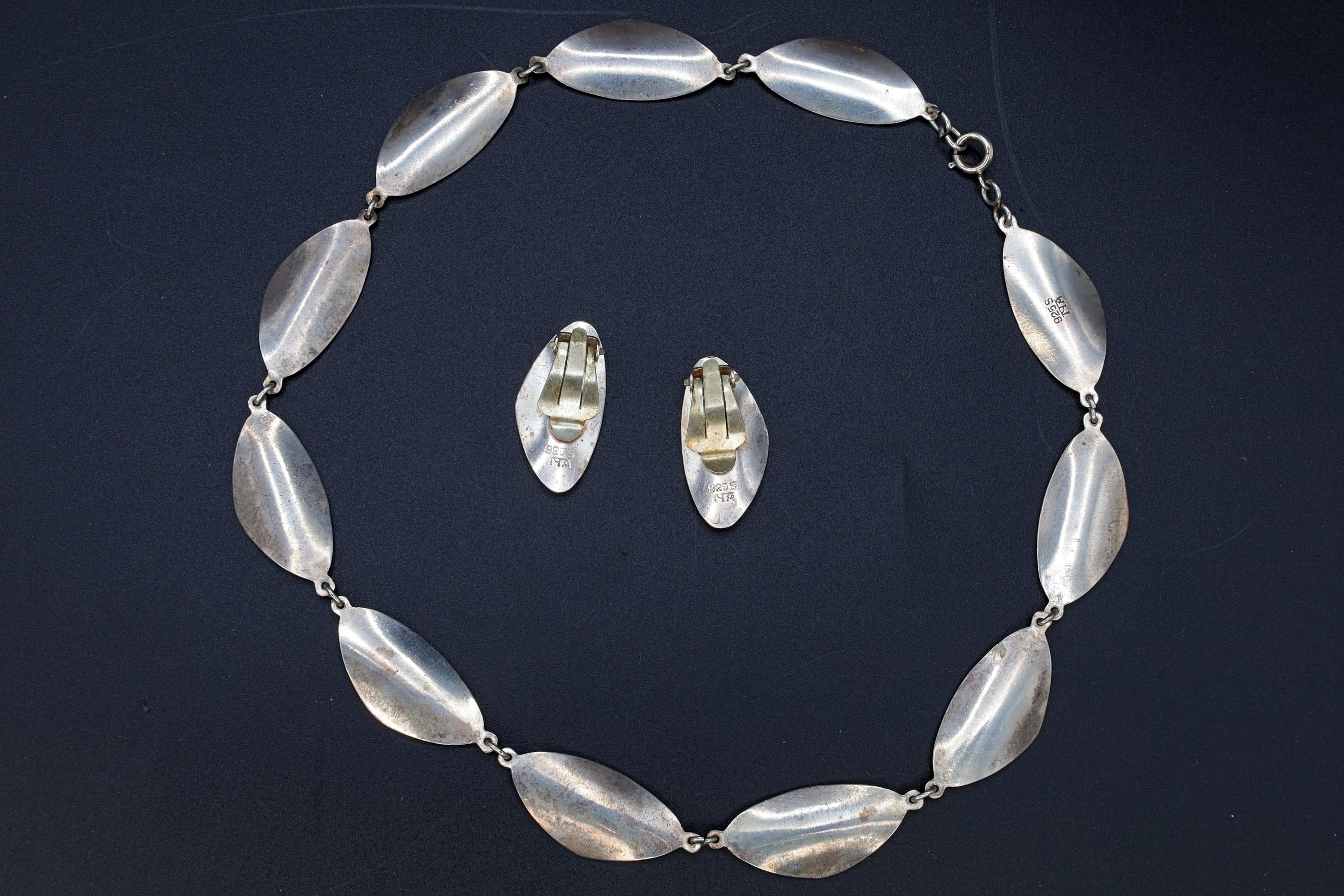 Andresen Scheinpflug, Vintage Modernist Jewelry Set, White Enamel And 925 Sterling Silver, Oval Ear Panel Links, Norway Scandinavian Fashion