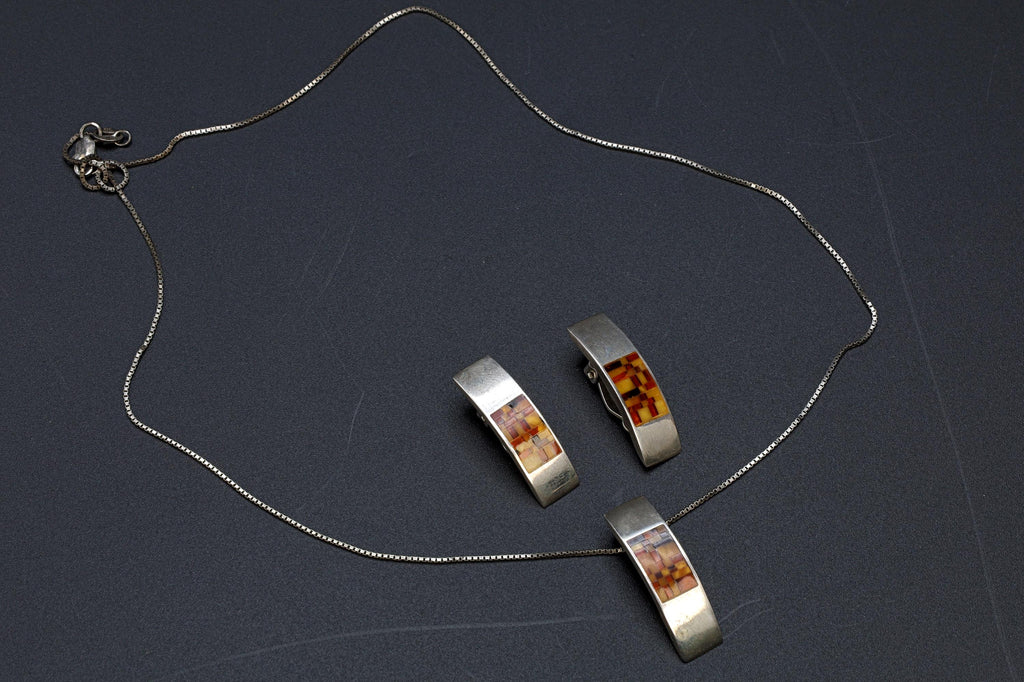 Jewelry Set By Jadwiga Zaremska, Gdansk Poland, Mosaic Baltic Amber And 925 Sterling Silver, Signed With Hallmarks, Necklace And Earrings