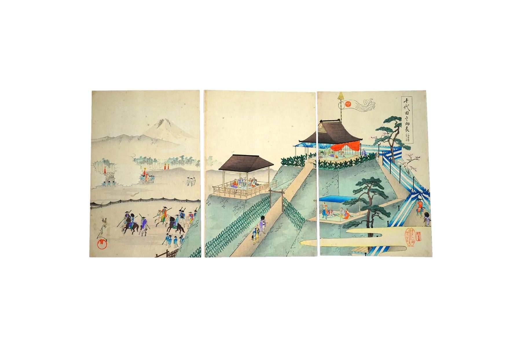 Yoshu Chikanobu, Nishiki-e Japanese Meiji Era Military Artwork Illustration Triptych, Asian Oriental Art Ukiyoe Print