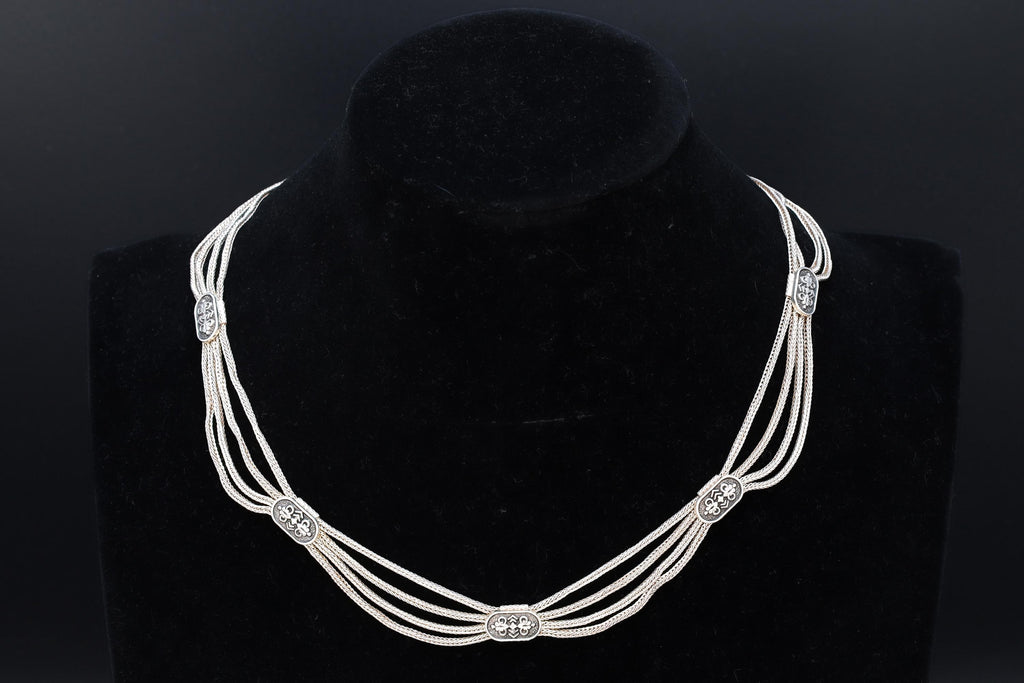 Turkish Ottoman Style Necklace, Multi Strand 925 Silver Wheat Chain, Niello Station Accents, Vintage Islamic And Caucasus Folk Jewelry
