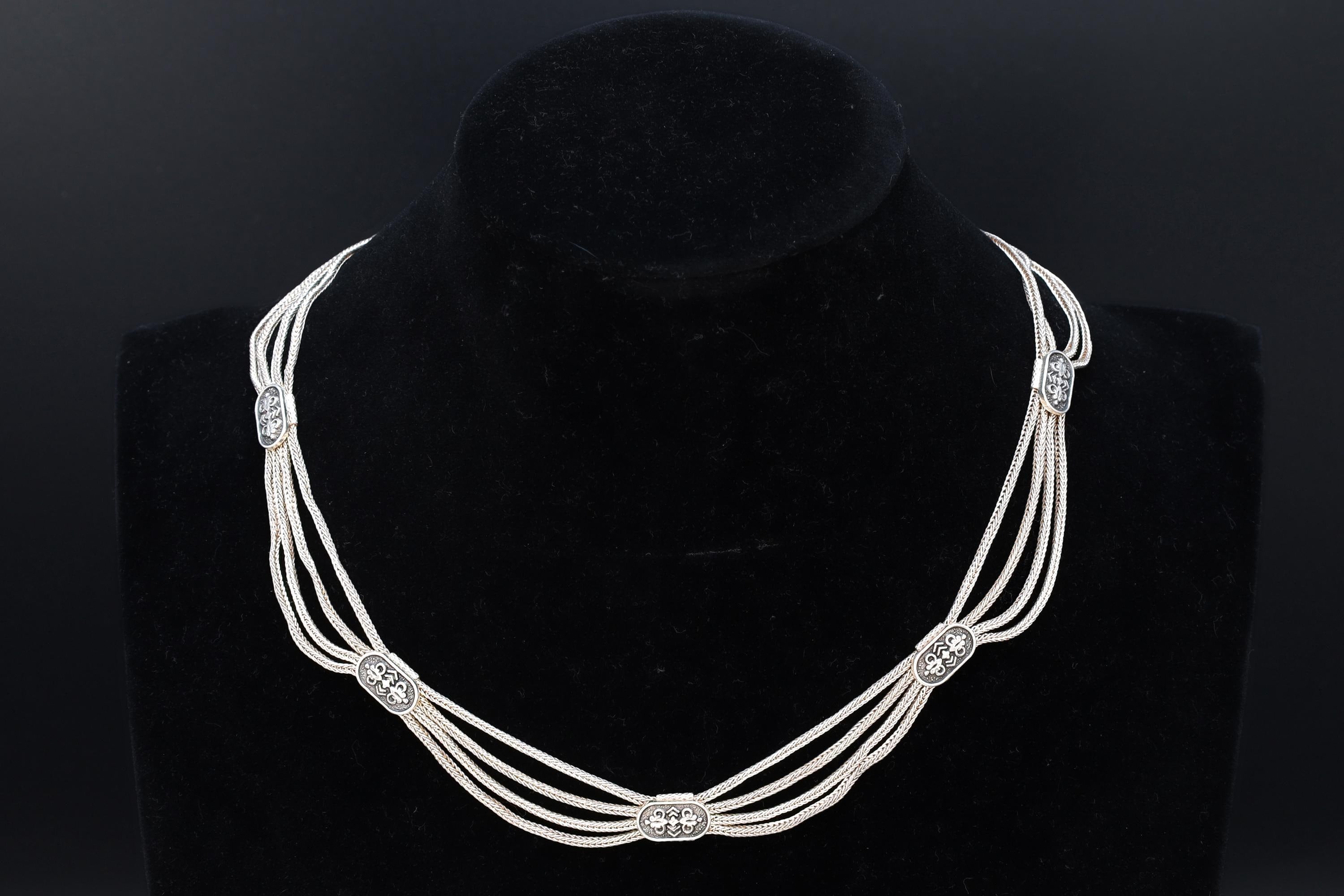 Turkish Ottoman Style Necklace, Multi Strand 925 Silver Wheat Chain, Niello Station Accents, Vintage Islamic And Caucasus Folk Jewelry