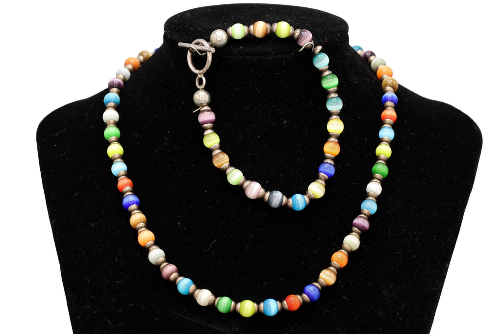 Rainbow Cats Eye Glass Necklace And Bracelet, Mexico 925 Sterling Silver, Ball Beads With Round Cap End Capsule Link, Modernist Jewelry Set