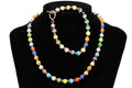 Rainbow Cats Eye Glass Necklace And Bracelet, Mexico 925 Sterling Silver, Ball Beads With Round Cap End Capsule Link, Modernist Jewelry Set