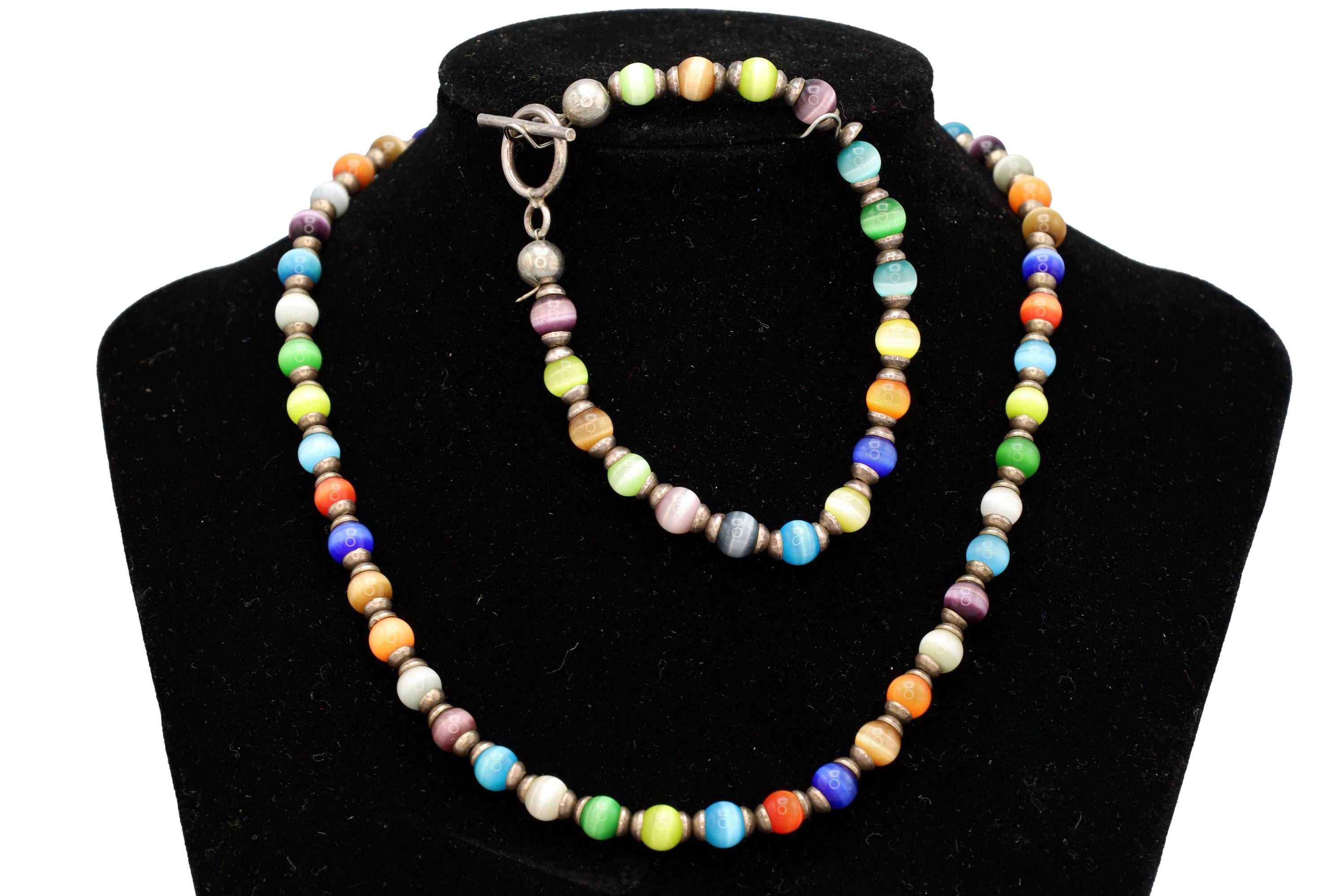 Rainbow Cats Eye Glass Necklace And Bracelet, Mexico 925 Sterling Silver, Ball Beads With Round Cap End Capsule Link, Modernist Jewelry Set