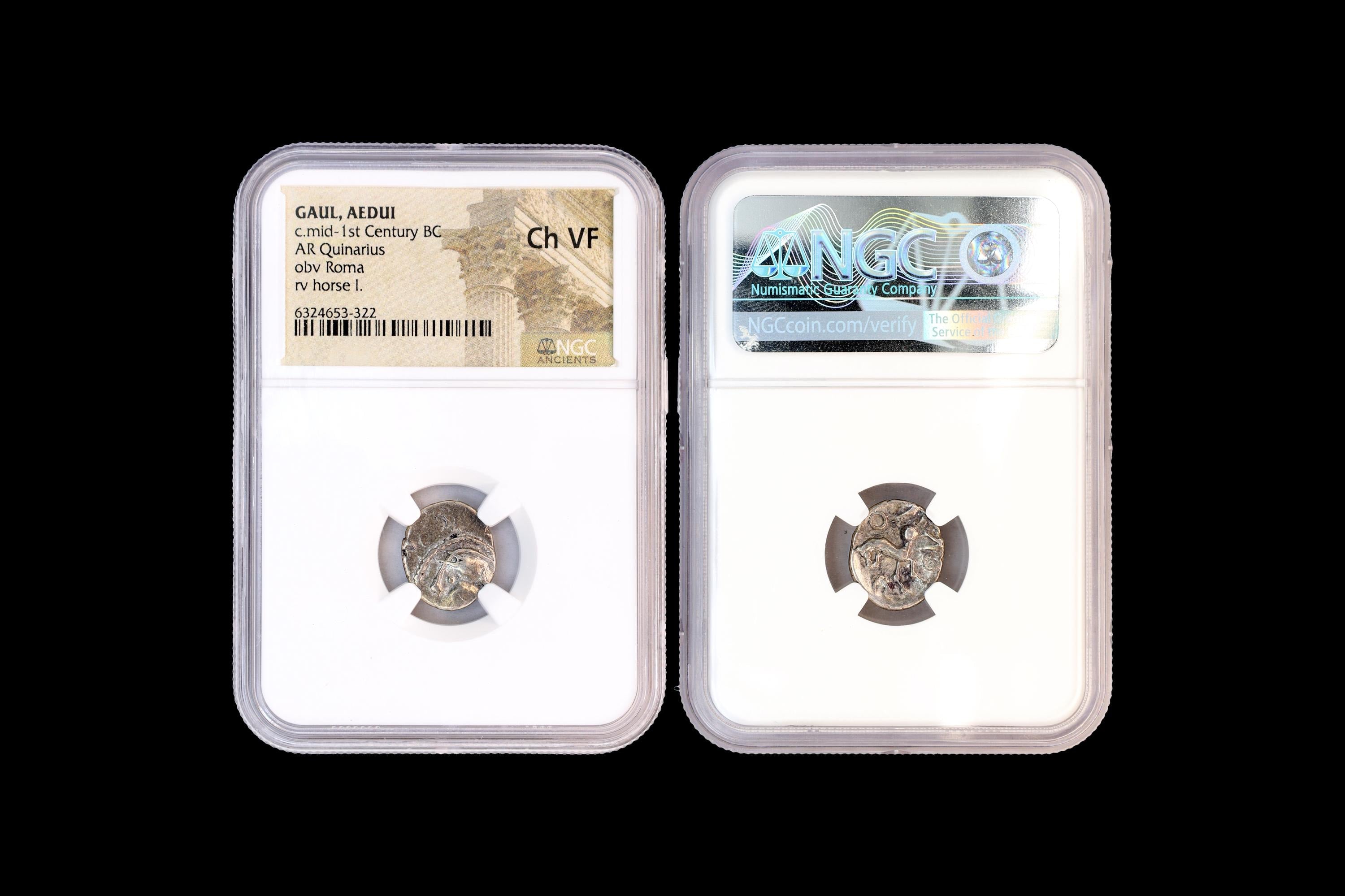 Gallia Celtica, Aedui Gaul Mid Of The 1st Century BCE, AR Quinarius Silver Coin Ch Vf Certified In NGC Case, Helmeted Head Of Roma And Horse