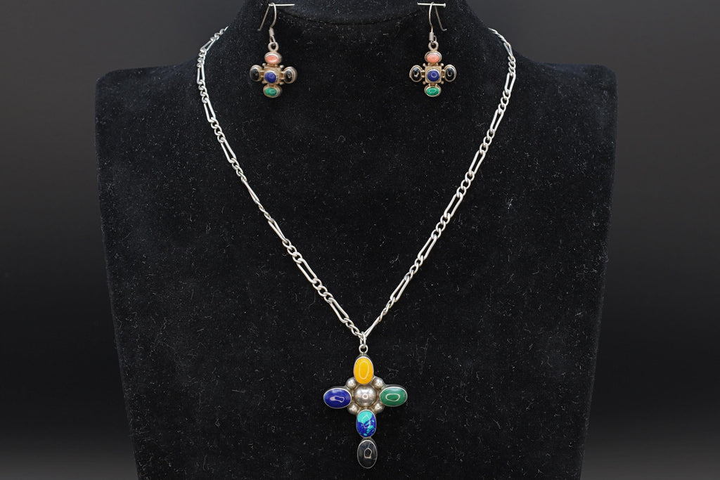 Multi Color Gemstones Jewelry Set, Modernist Cross Pendant Necklace And Dangle Earrings, Sterling Silver, Southwestern Fashion Accessories