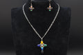 Multi Color Gemstones Jewelry Set, Modernist Cross Pendant Necklace And Dangle Earrings, Sterling Silver, Southwestern Fashion Accessories