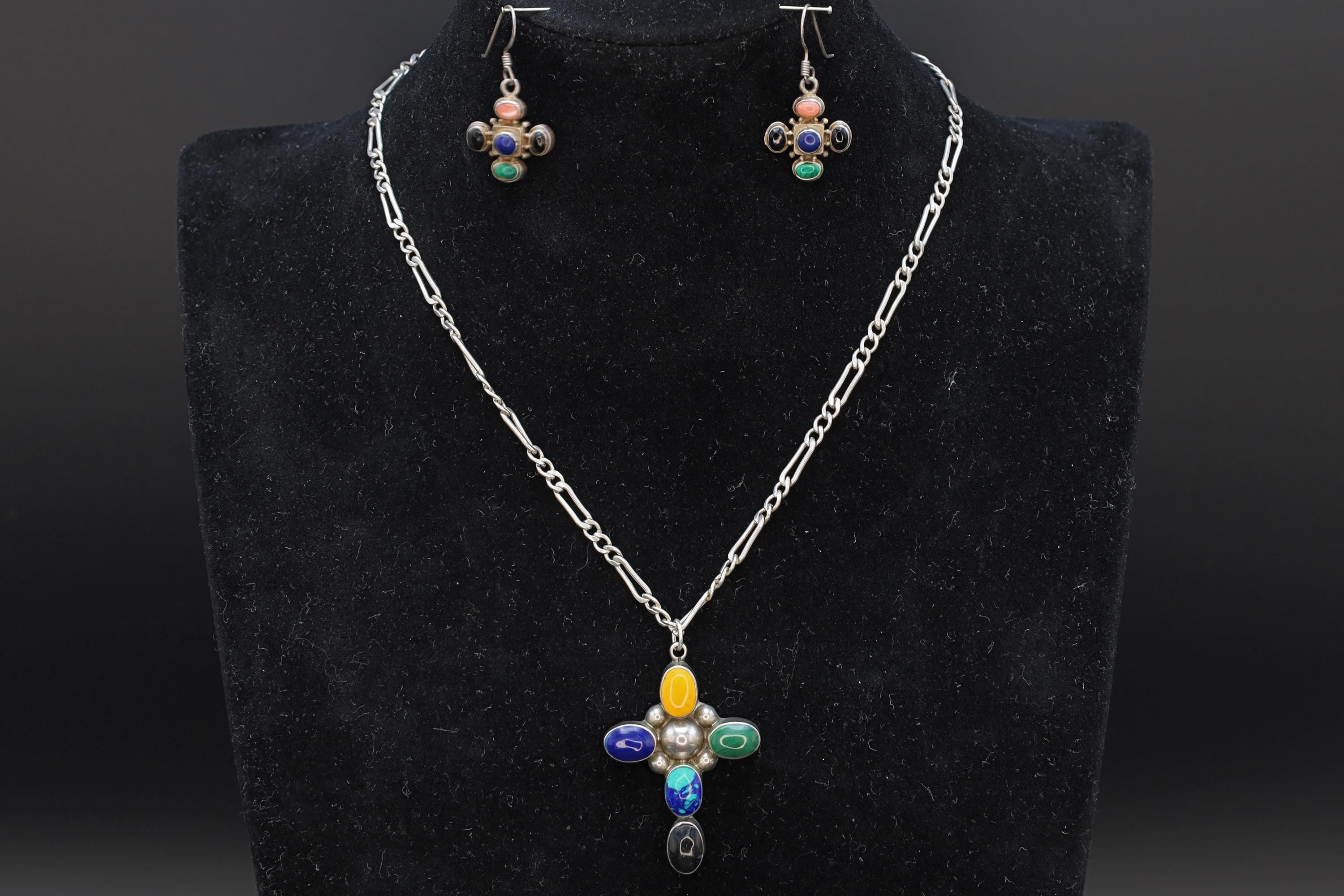 Multi Color Gemstones Jewelry Set, Modernist Cross Pendant Necklace And Dangle Earrings, Sterling Silver, Southwestern Fashion Accessories