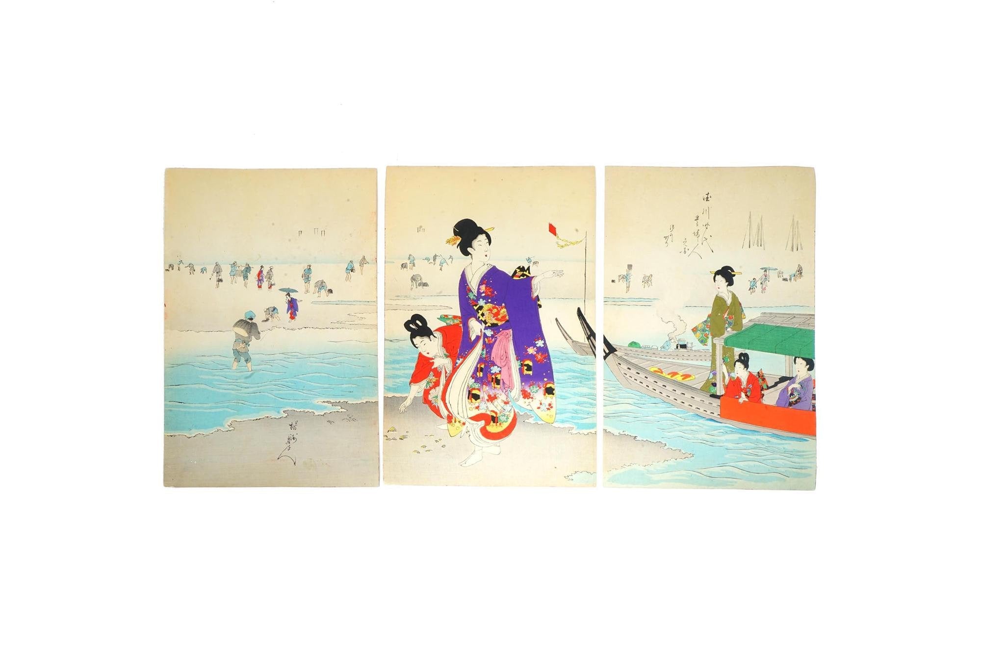 Clam Digging, Antique 1897 Triptych Of Ukiyo-e Color Woodblock Print By Chikanobu Yoshu, East Asia Oriental Art Print Collectibles