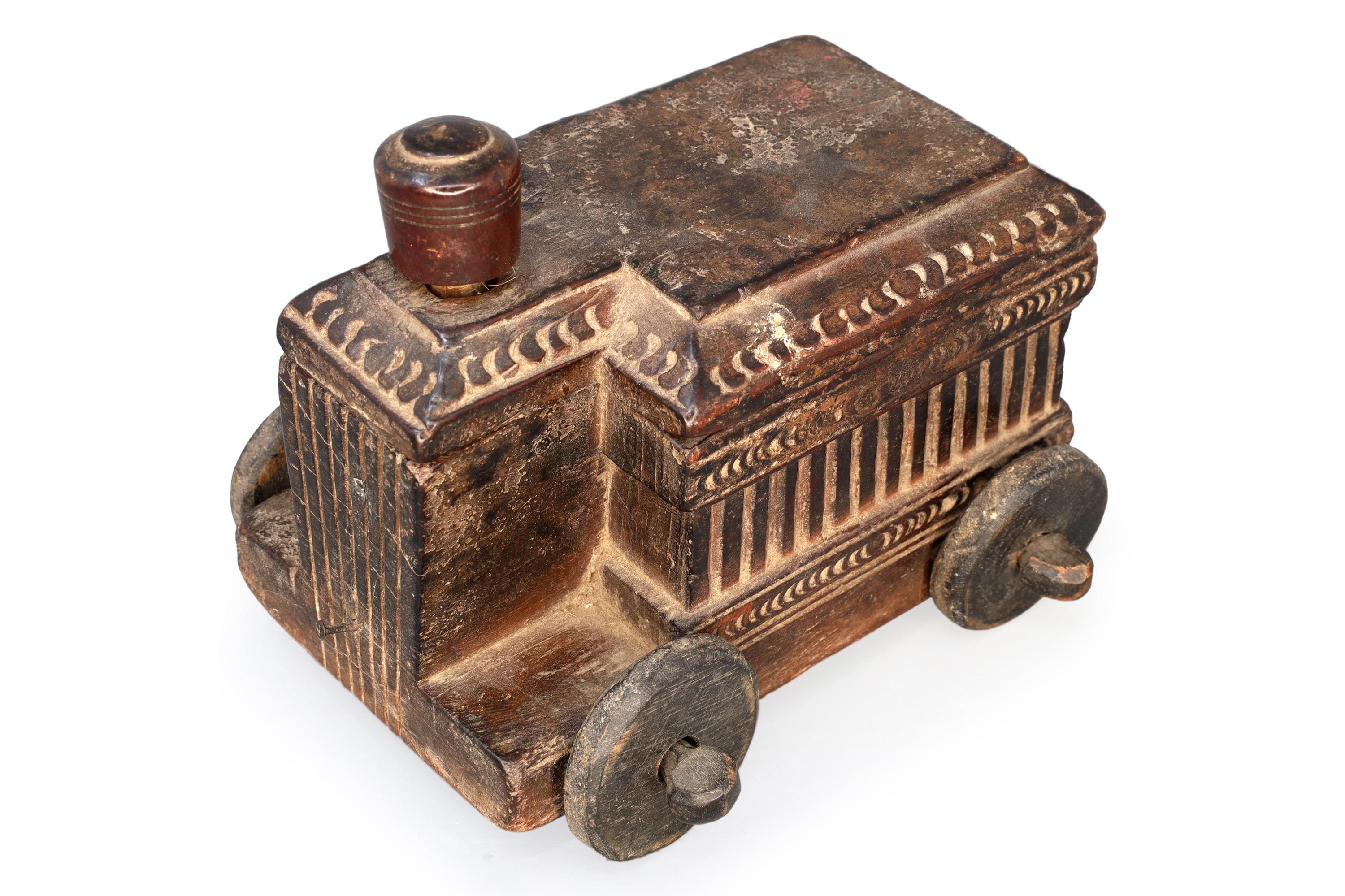 Antique 19th Century Vibhuti Box, Colonial India. Ethnic Rustic Car With Wheels, South Asia Folk Art, Oriental Crafts And Collectibles
