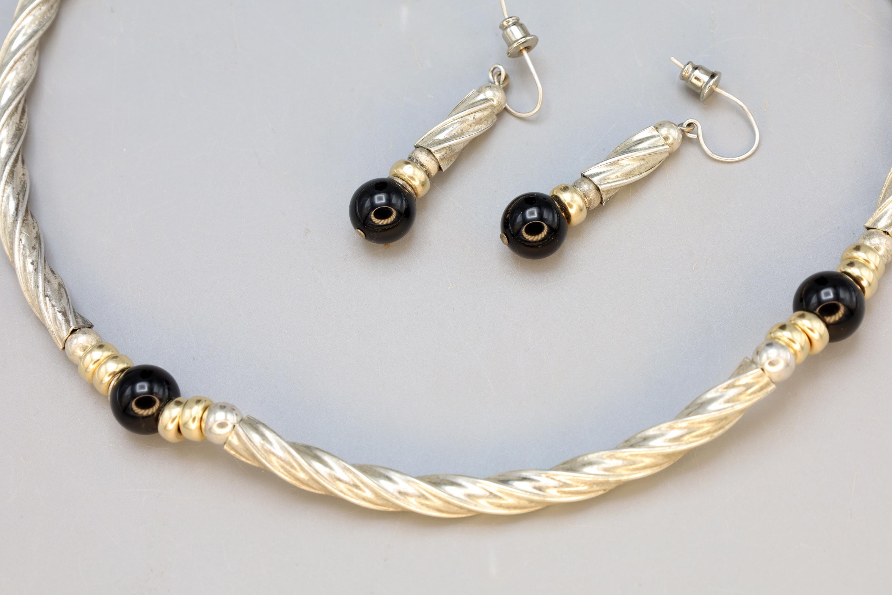 Vintage Jewelry Set, Link Necklace And Dangle Earrings, Sterling Silver, Gold Wash And Jet Black Glass