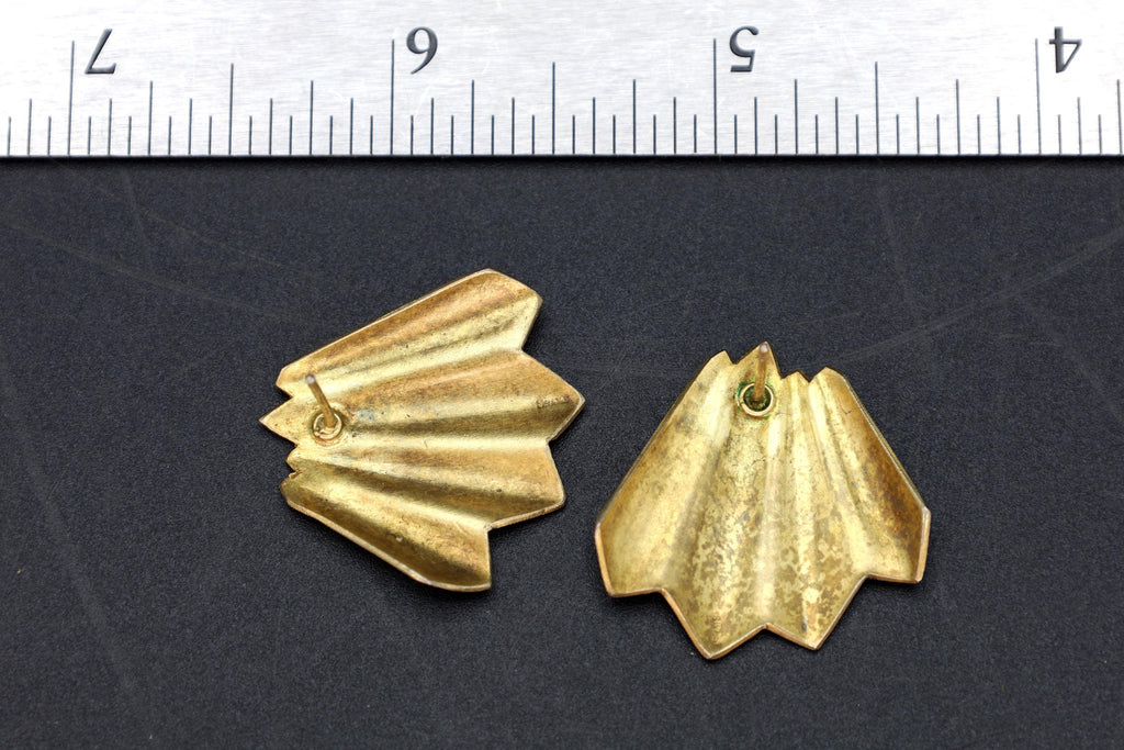 Large Stud Earrings, Green Enamel On Gold Gilt Vermeil Silver, Origami Modernist Design, Vintage Fashion Accessories, Gift to her