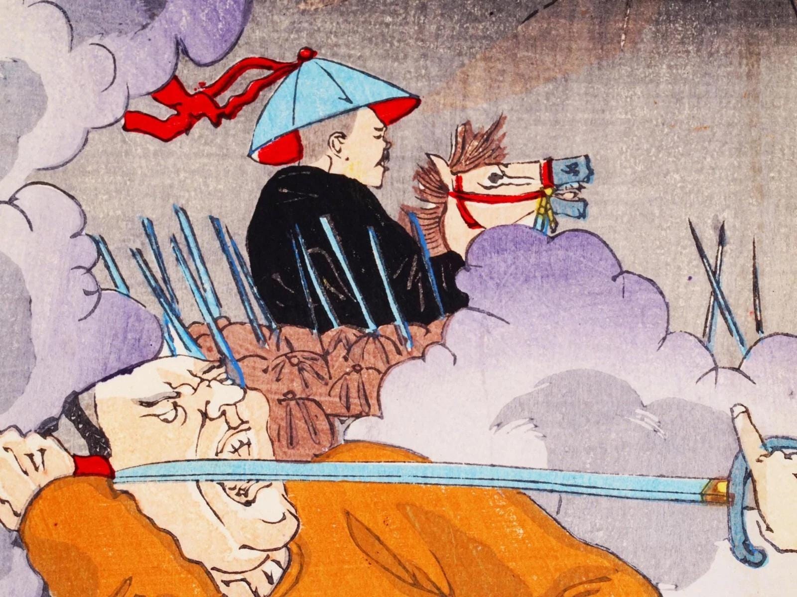 Ukiyoe Art, Original 1894 Japanese Meiji Era Senso-e Military Woodblock Print Triptych Military Art, Asian Oriental Art, Battle Of Seonghwan