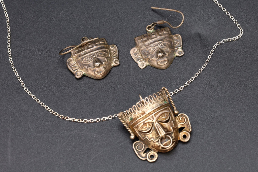 Vintage 1940s Jewelry Set, Neo Aztec Pendant Necklace And Dangle Earrings, Art Deco Pre-Columbian Designs, Mexican 925 Sterling Silver