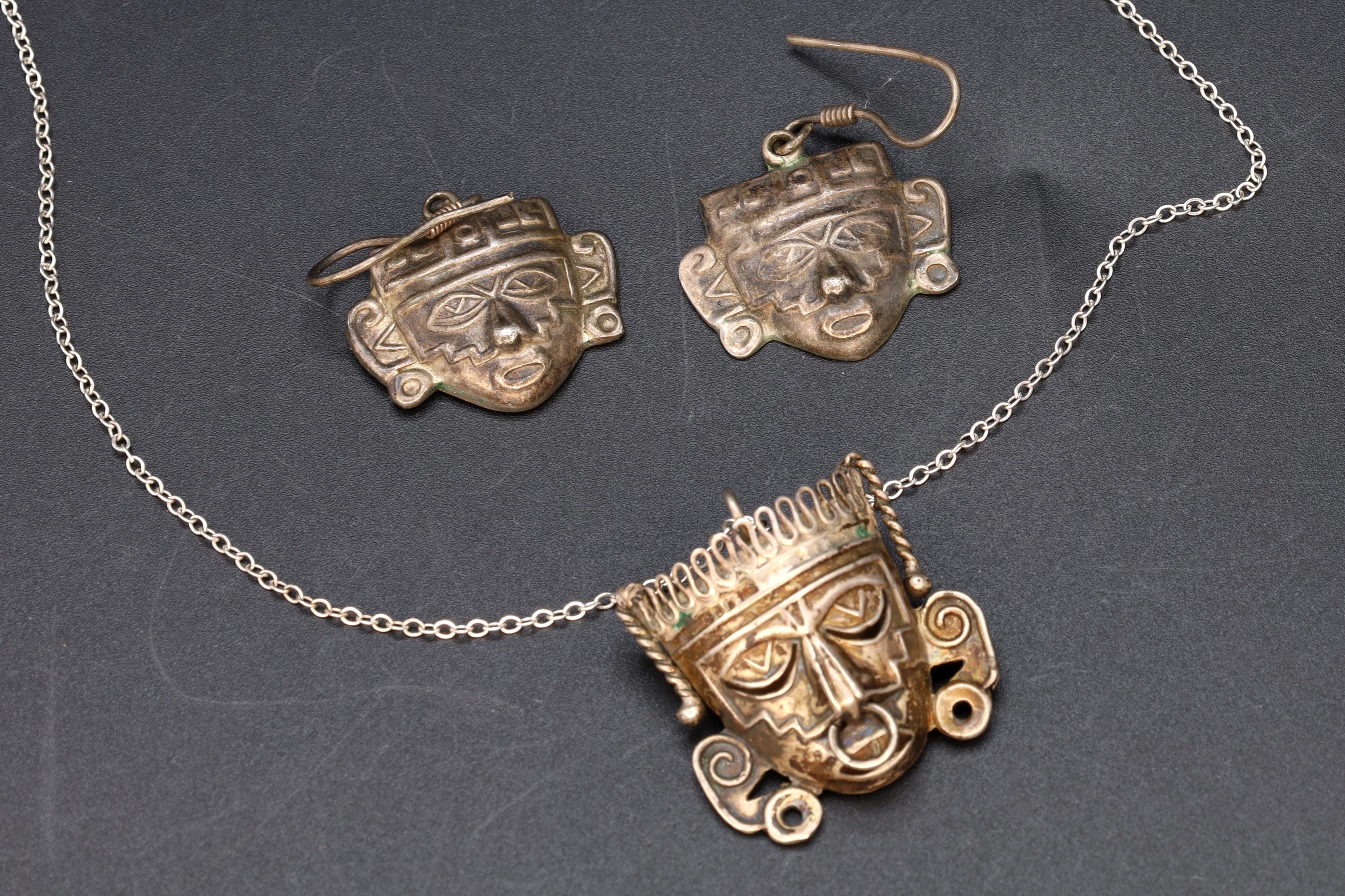 Vintage 1940s Jewelry Set, Neo Aztec Pendant Necklace And Dangle Earrings, Art Deco Pre-Columbian Designs, Mexican 925 Sterling Silver