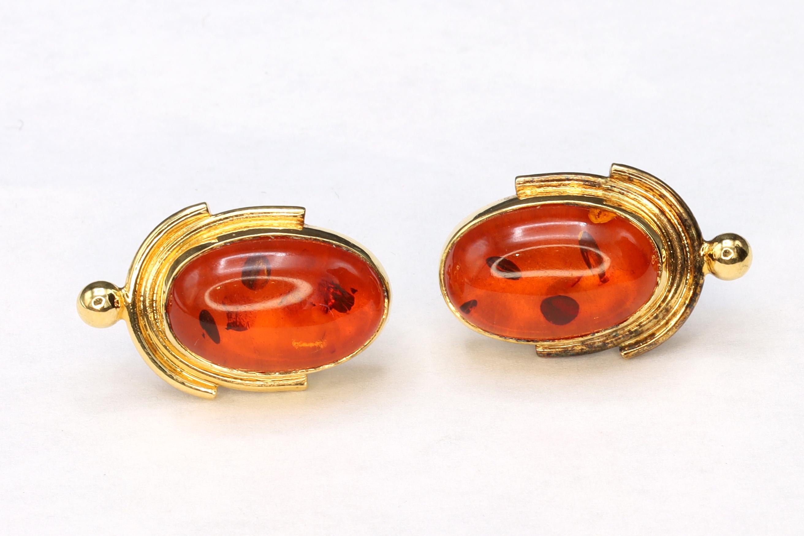 Large Stud Earrings, Gilt 925 Sterling Silver And Amber Resin Cabochon, Modernist Design With Fruit Shape, Retro Fashion Accessories