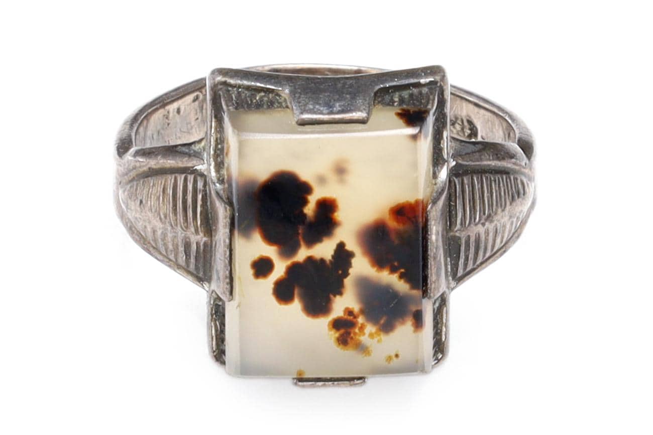 Uncas Jewelry, Sterling Silver And Moss Agate Ring Size 4 With Jeweler Hallmarks, Art Deco Fashion Accessories, Retro Americana